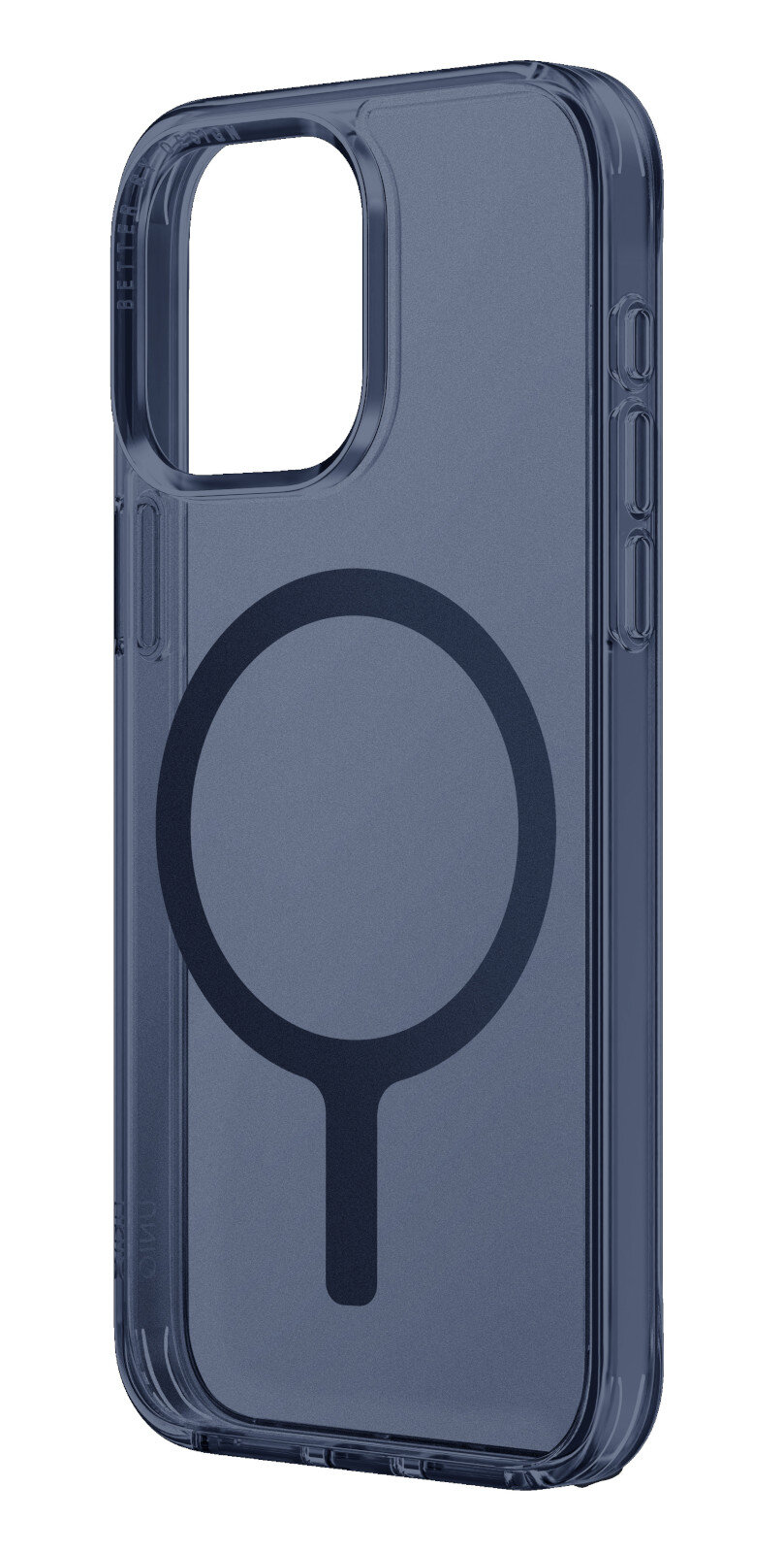 Przezroczyste niebieskie etui na telefon. Duży okrągły wzór jest wyśrodkowany, sugerując MagSafe.