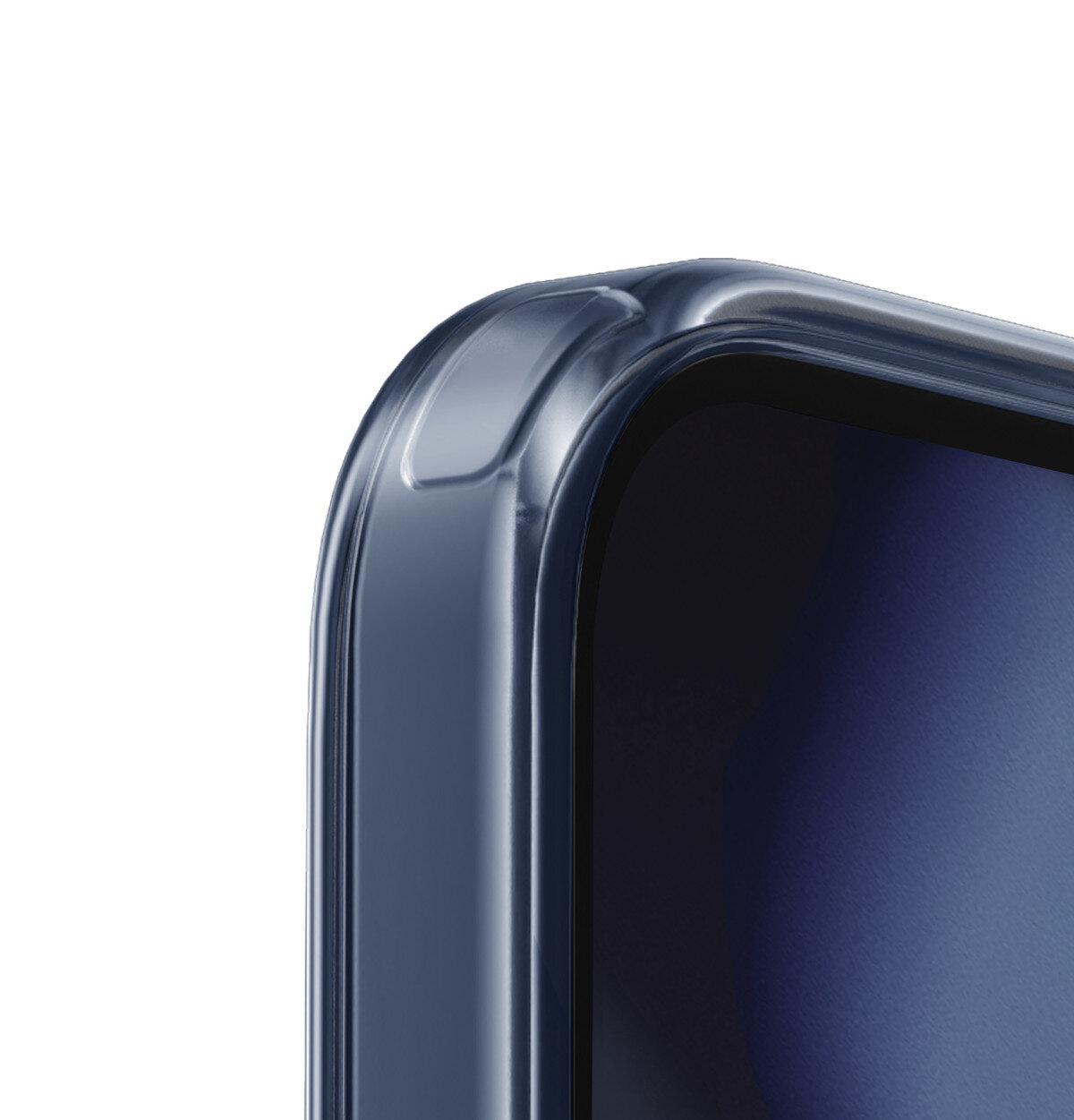 Zbliżenie na krawędź obudowy telefonu. Obudowa jest przezroczysta.