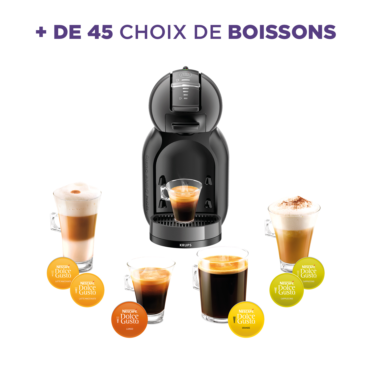 A black coffee machine with different coffee types in cups around it. Plus text at the top.