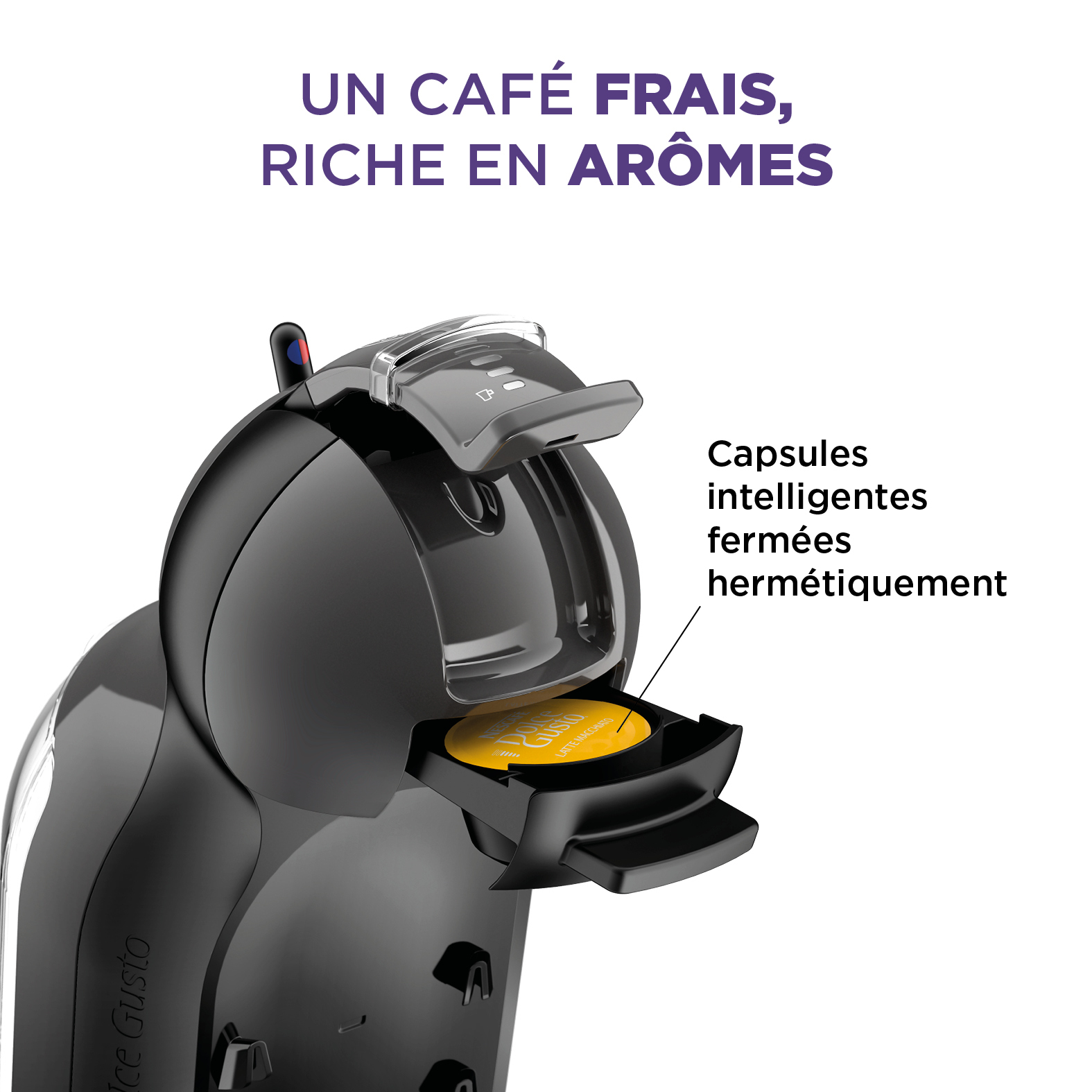 Coffee machine with a capsule drawer open, showing a yellow capsule.