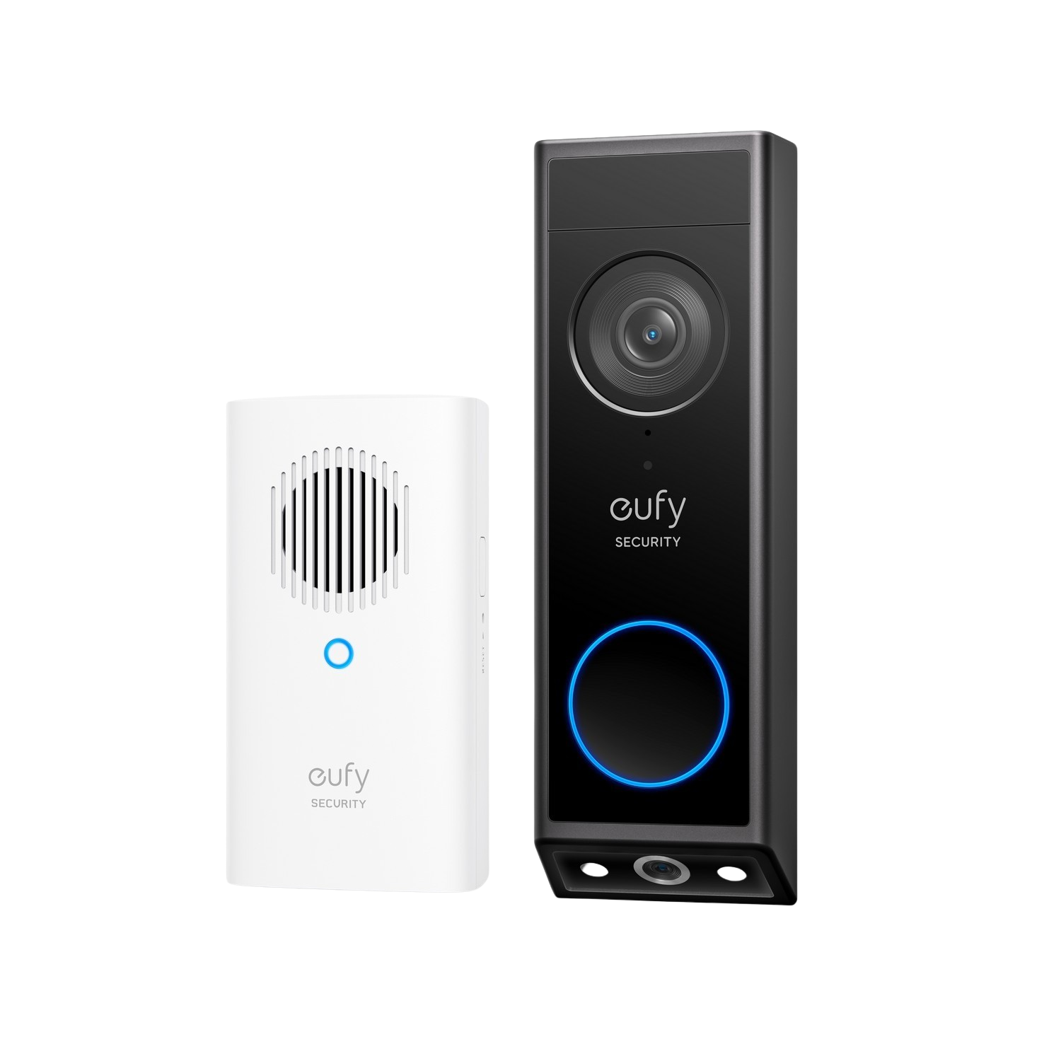 Eufy videodeurbel. Zwart, rechthoekig ontwerp. Witte bel, met blauw licht. Geïsoleerd op witte achtergrond.