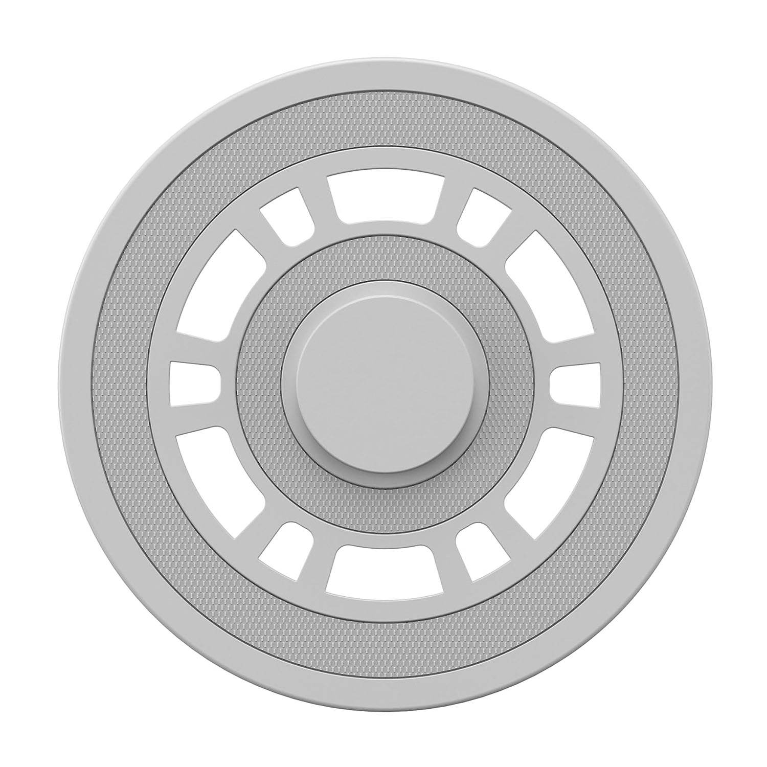 Un disco grigio circolare con anelli concentrici, ciascuno con motivi ritagliati, su sfondo bianco.
