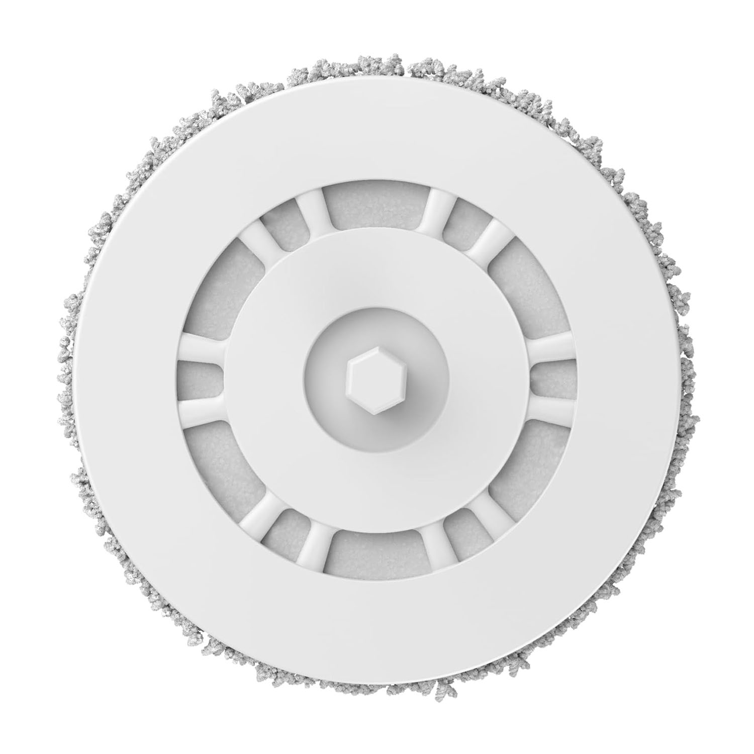 Panno per la pulizia rotondo bianco, con forma esagonale centrale, circondato da un anello di materiale abrasivo grigio.
