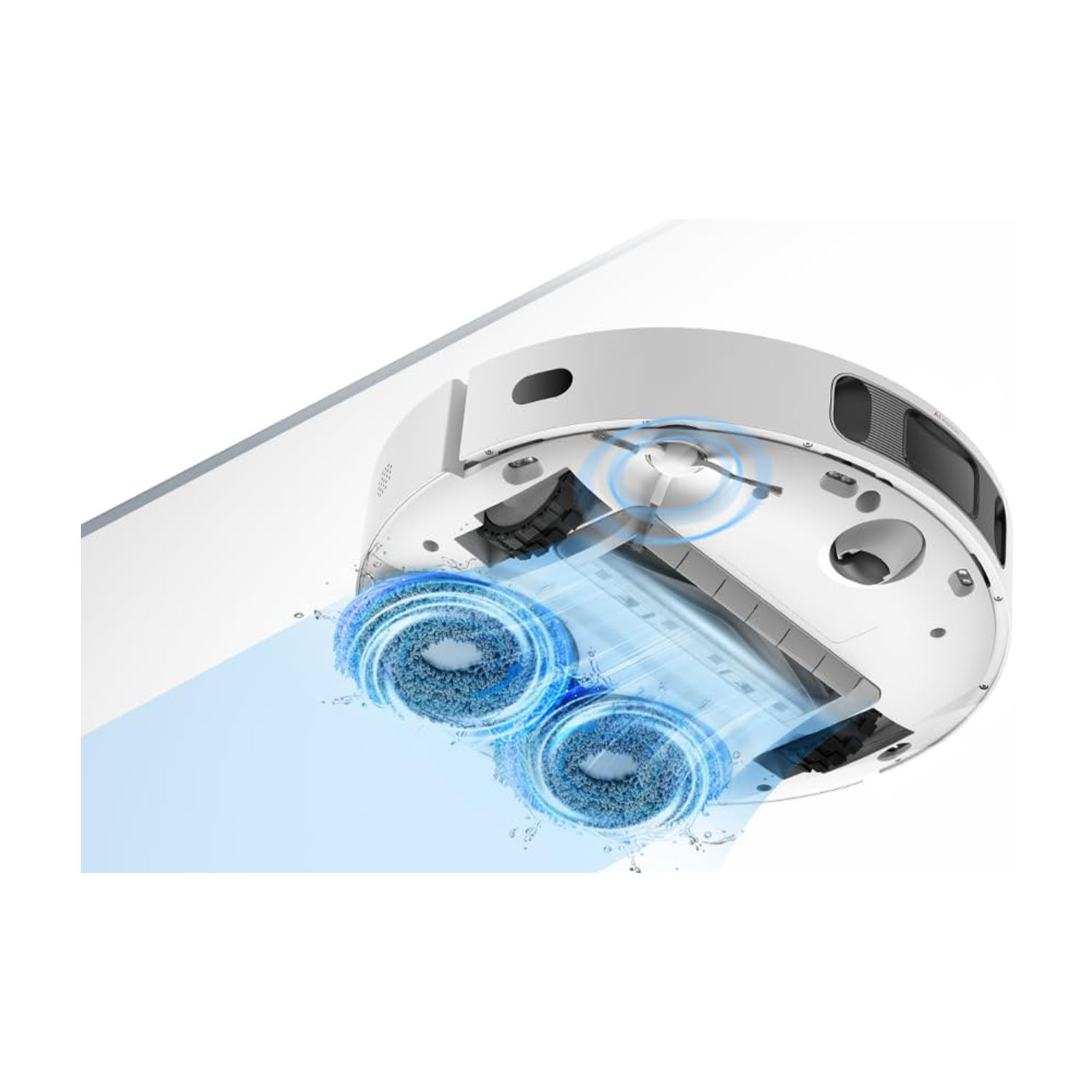 Robot aspirapolvere, vista inferiore, con spazzole rotanti ed effetto spruzzo d'acqua.