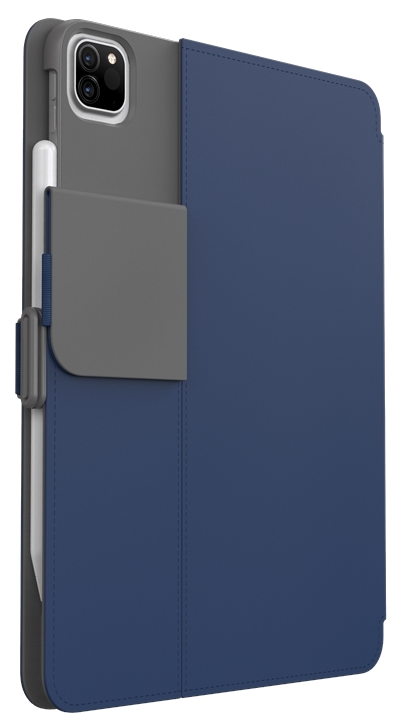Kék iPad tok tolltartóval és szürke füllel.