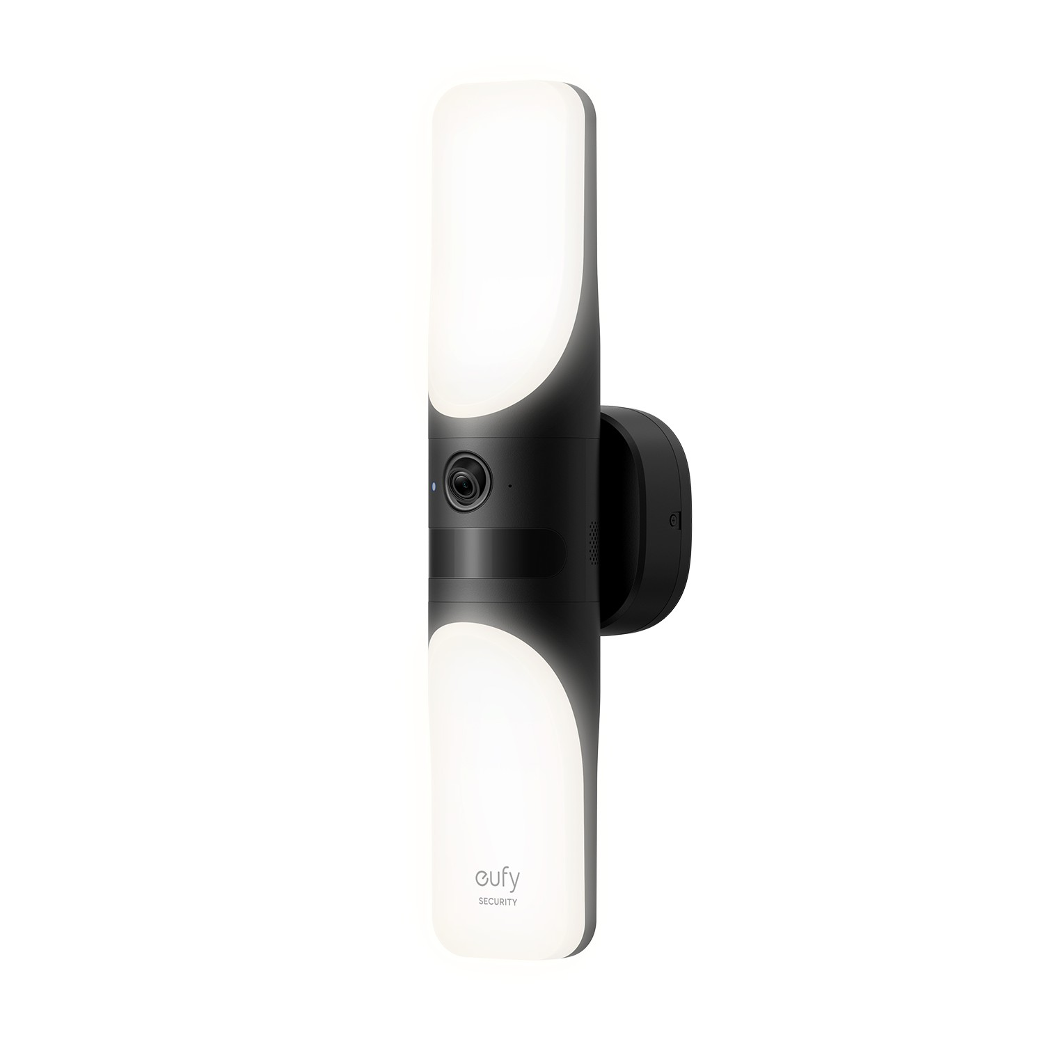 Une caméra de sécurité extérieure noire et blanche avec deux lumières LED, montée sur un mur.