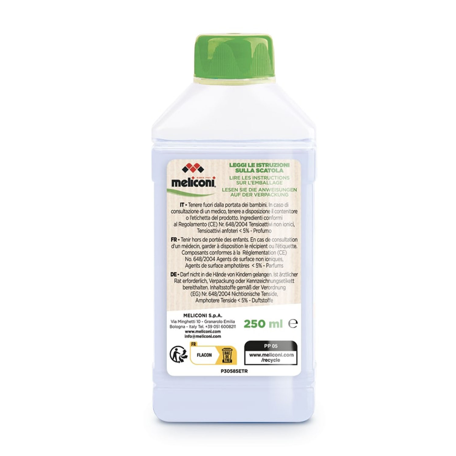 Flacone di soluzione detergente Meliconi, con testo italiano sull'etichetta. Flacone bianco, tappo verde.