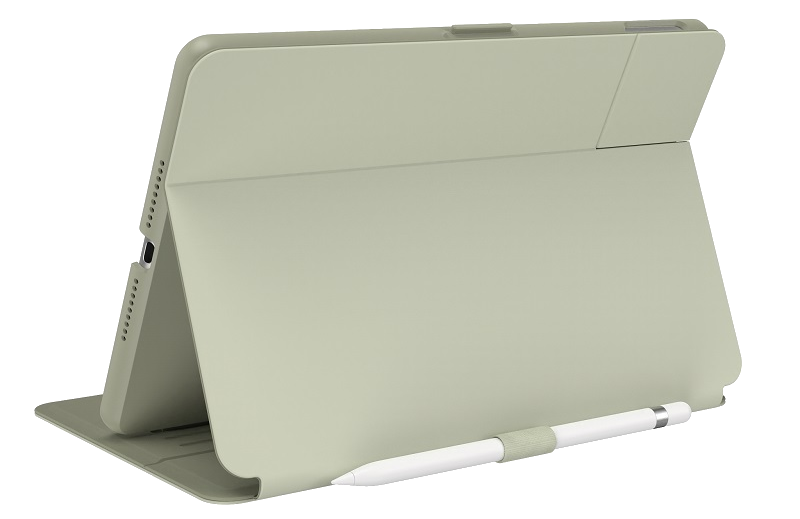 Tablet zöld tokkal és fehér tollal. A tablet nyitva van. Fekete háttér.