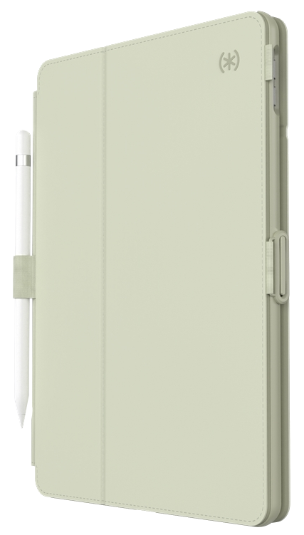 Egy iPad világoszöld tokkal és egy fehér tollal az oldalára rögzítve.