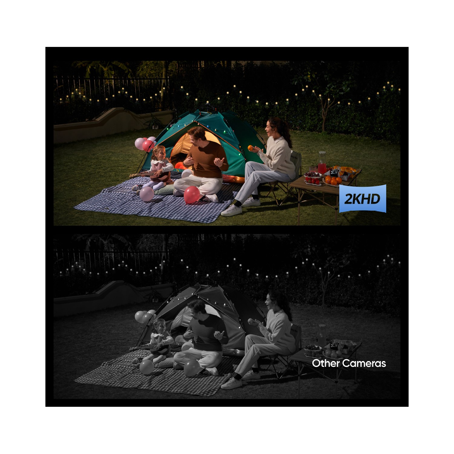 Een gezin kampeert 's nachts, met een tent, lichten en een vergelijking van 2KHD vs. andere camera's.