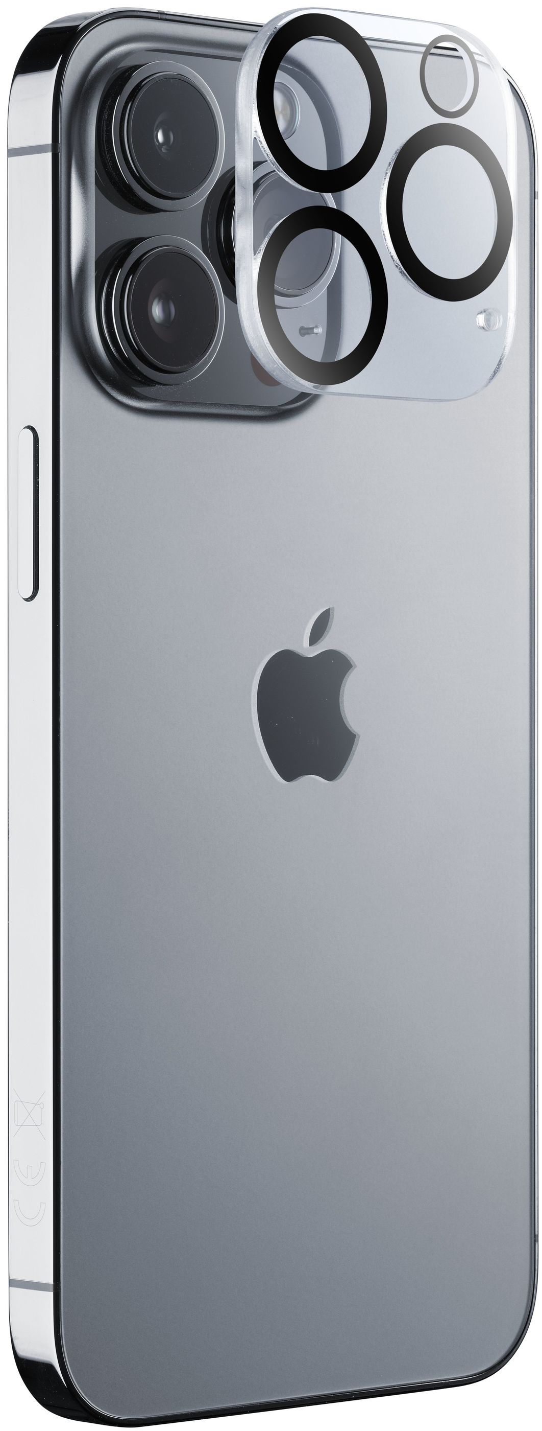 Ein silbernes iPhone mit Objektivschutz auf der Kamera. Die Protektoren sind klar und rund.