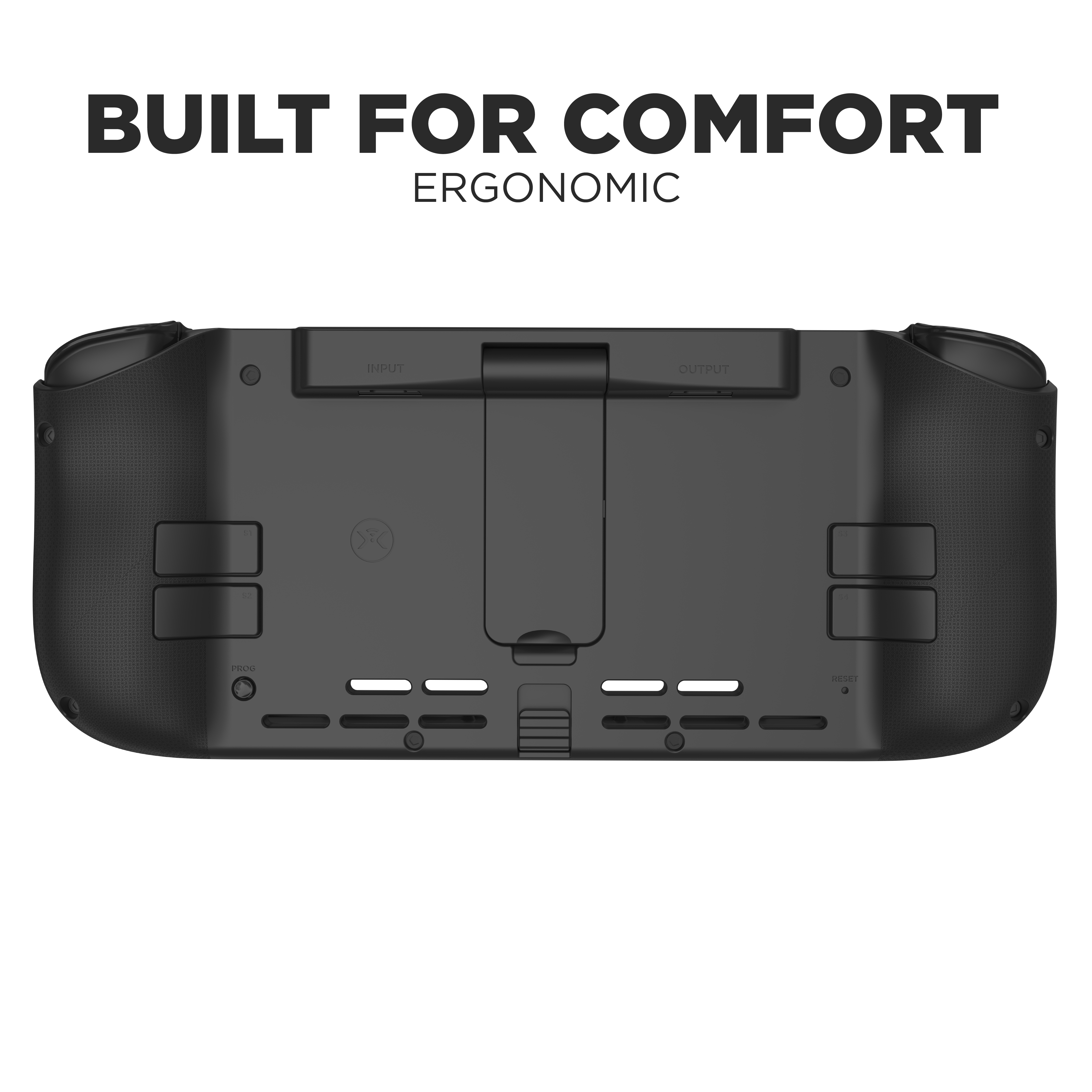 Schwarzes Handheld-Gaming-Gerät, Rückansicht. Hat Knöpfe, Anschlüsse und Text.