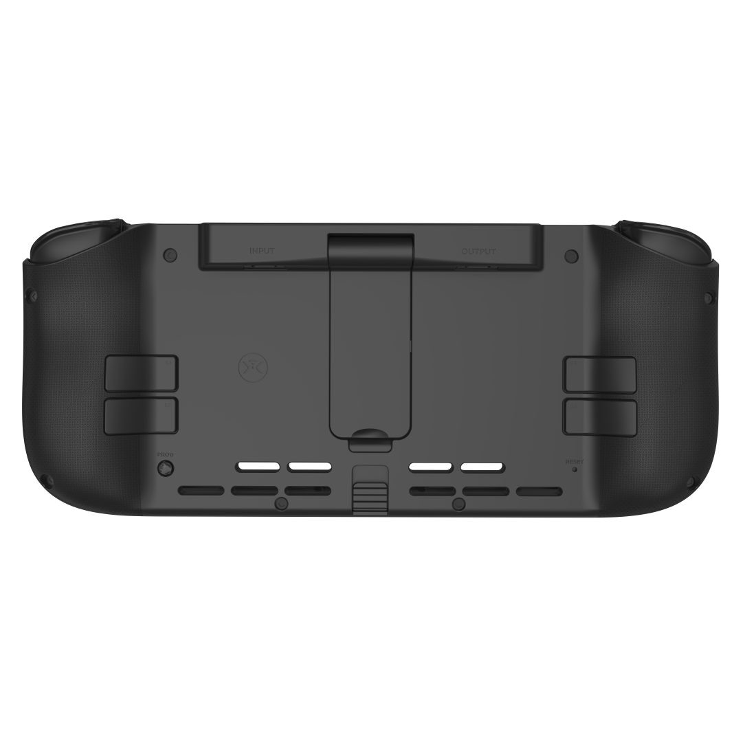 Schwarzes Handheld-Gaming-Gerät. Zeigt die Rückseite mit Eingangs-/Ausgangsanschlüssen und Tasten.