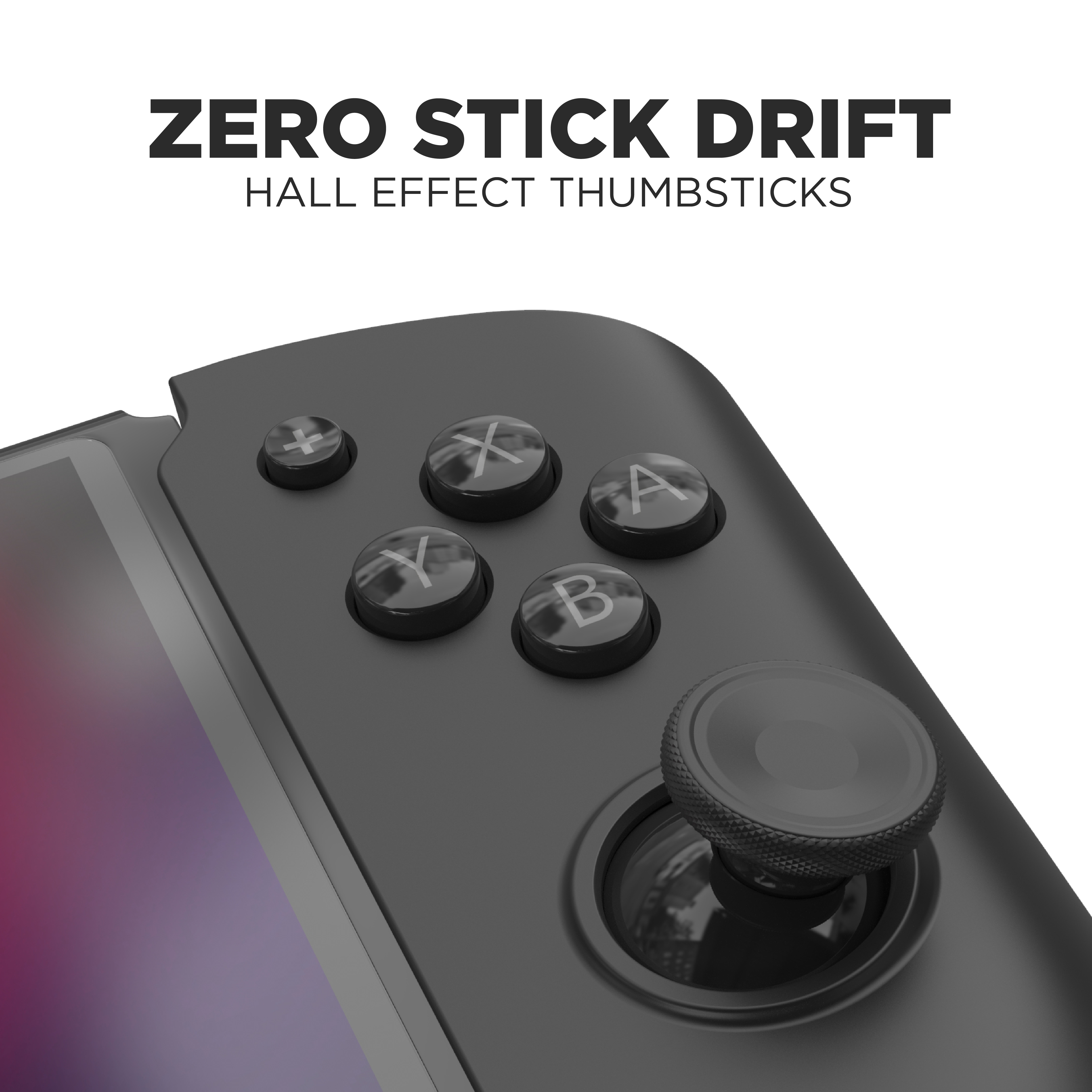 Controller-Nahaufnahme. Tasten: X, Y, A, B und Joystick. Schwarz mit Text: Zero Stick Drift.