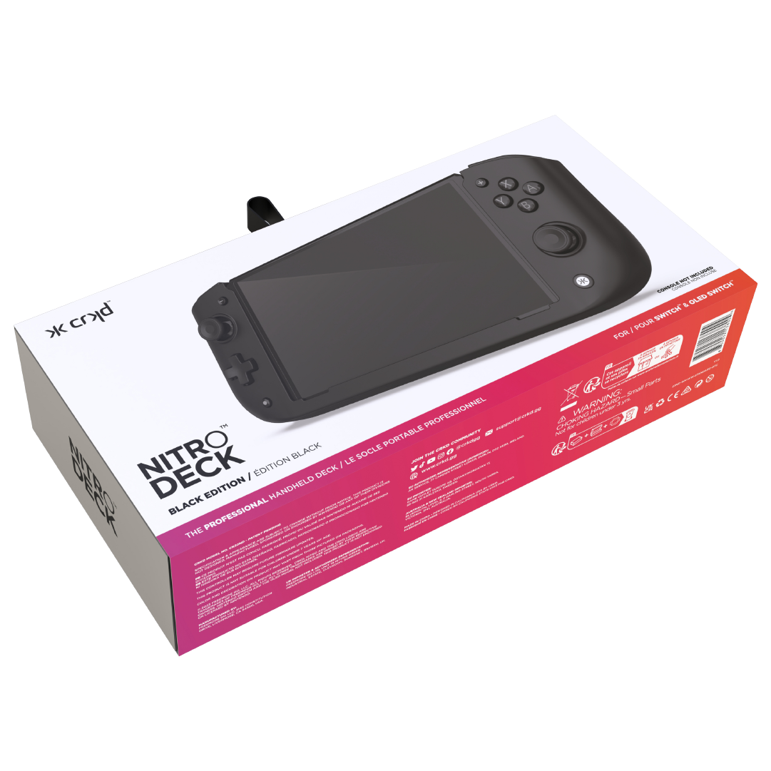 Schwarze Nitro Deck-Box mit einer Handheld-Konsole. Text und Logos sind auf die Box gedruckt.