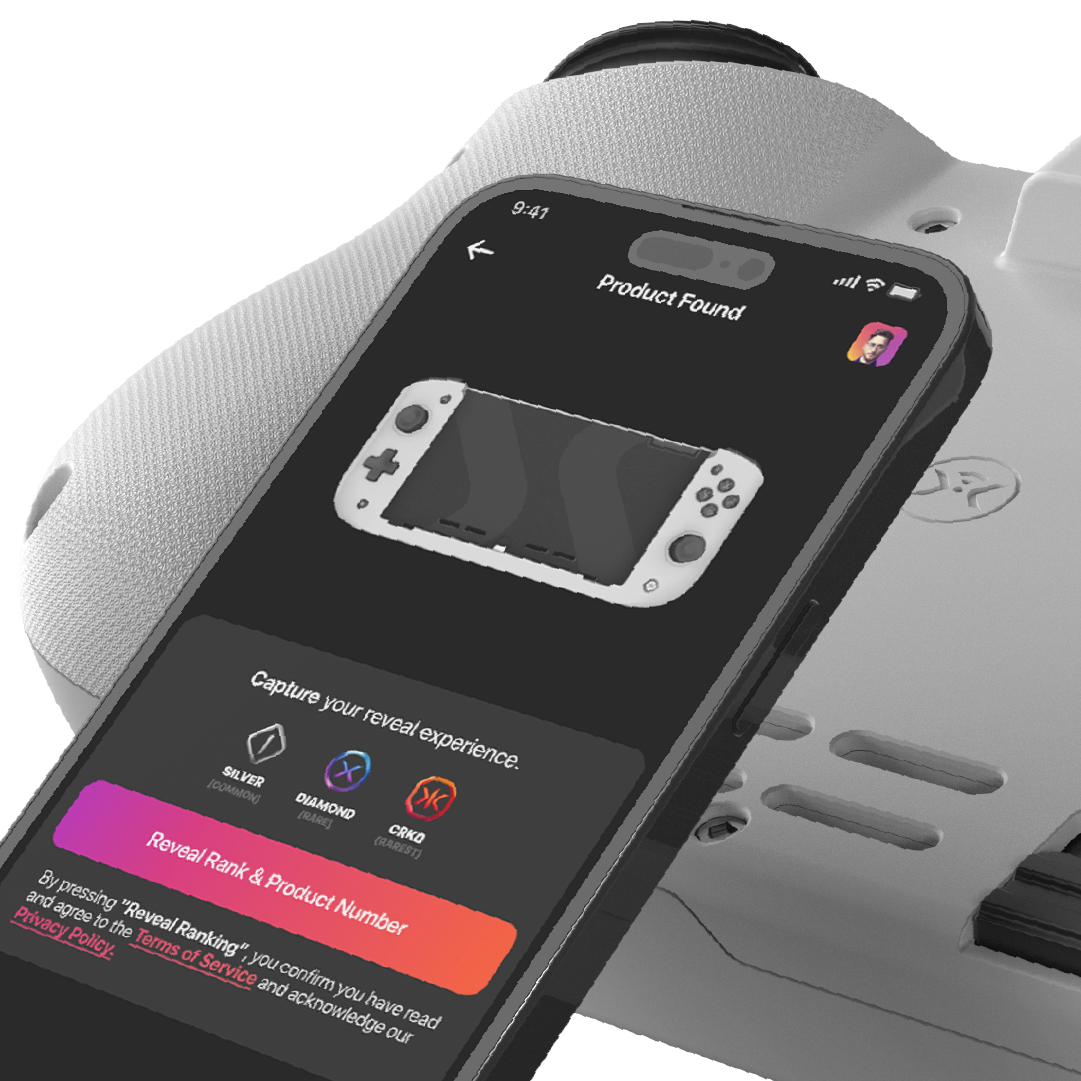 Smartphone zeigt einen gefundenen Produktbildschirm. Grauer und weißer Gamecontroller im Hintergrund.
