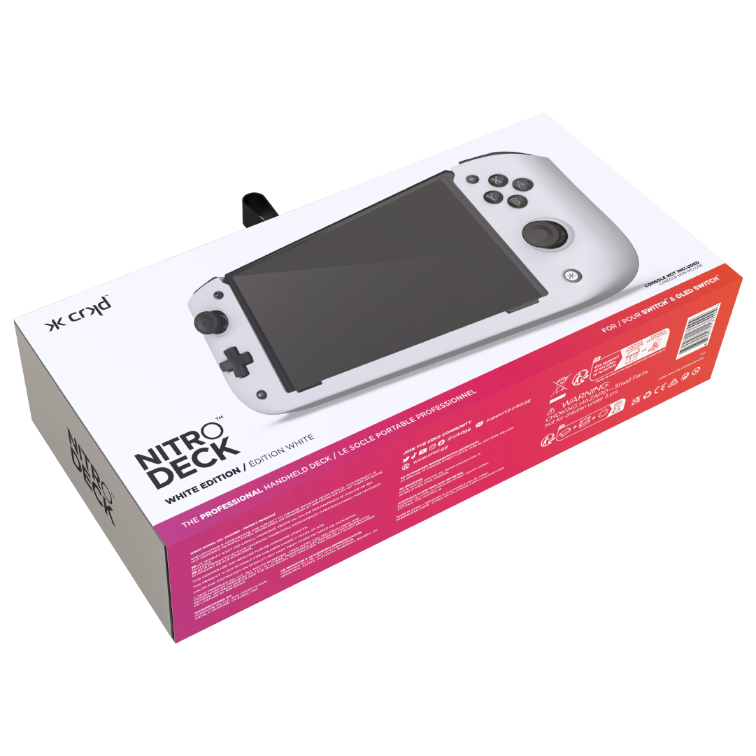 Eine weiße und rote Box mit einer weißen Handheld-Spielekonsole.