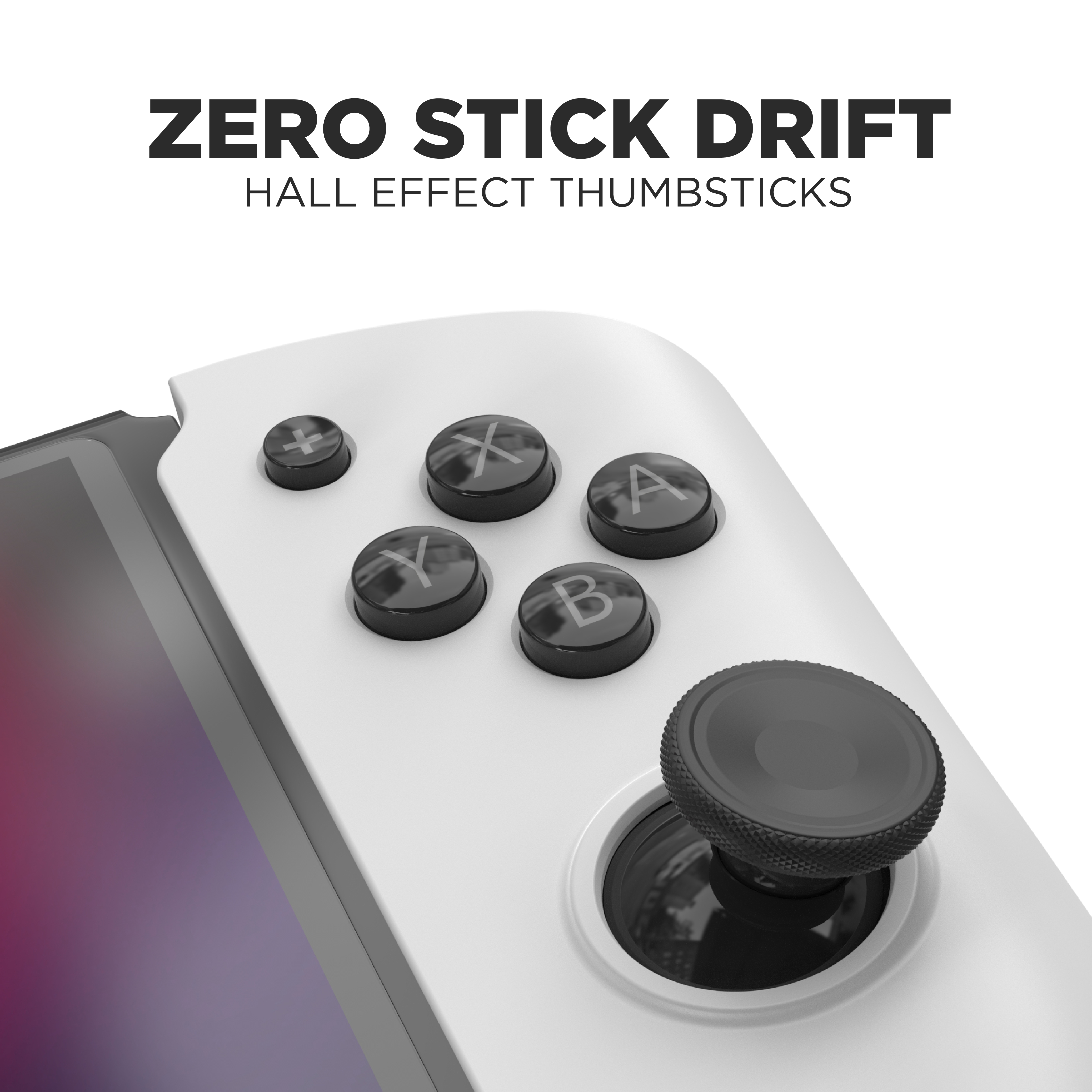 Weißer Gamecontroller mit schwarzen Knöpfen und Joystick. Schwarzer Hintergrund.
