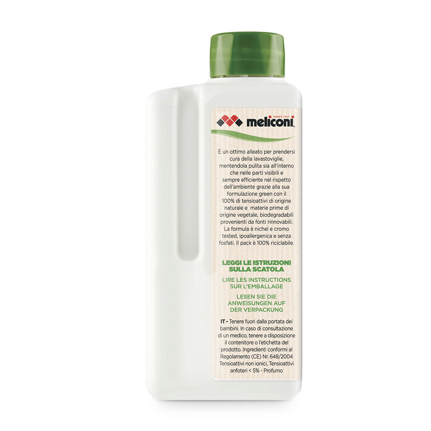Una bottiglia di plastica bianca di prodotto per la pulizia Meliconi con tappo verde e descrizione del prodotto.