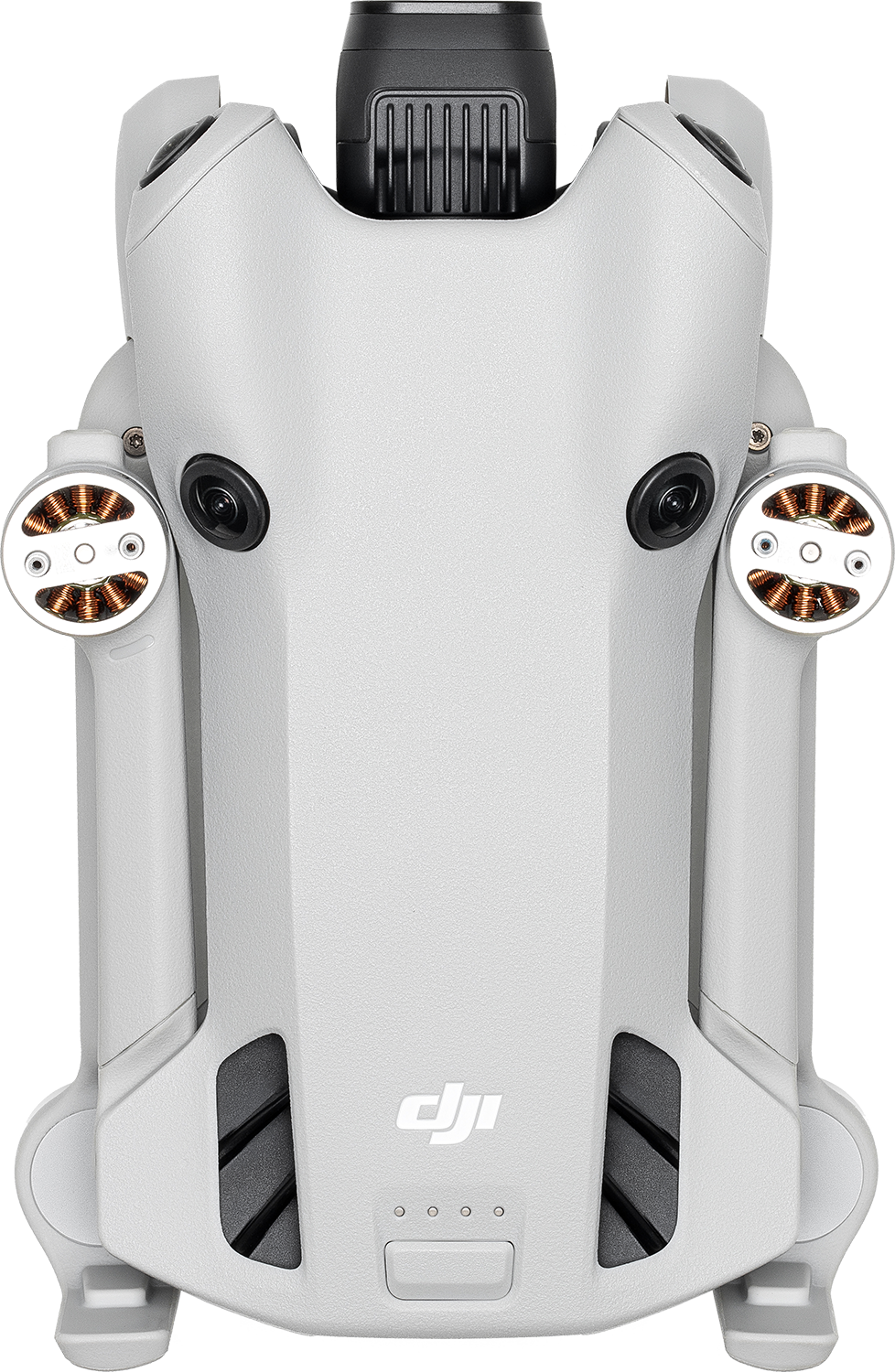 Szürke drón, felülnézet, propellerekkel és DJI logóval.