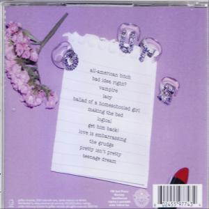 CD-Cover mit handschriftlicher Notiz mit Songtiteln. Lila Hintergrund mit Lippenstift und floralen Akzenten.