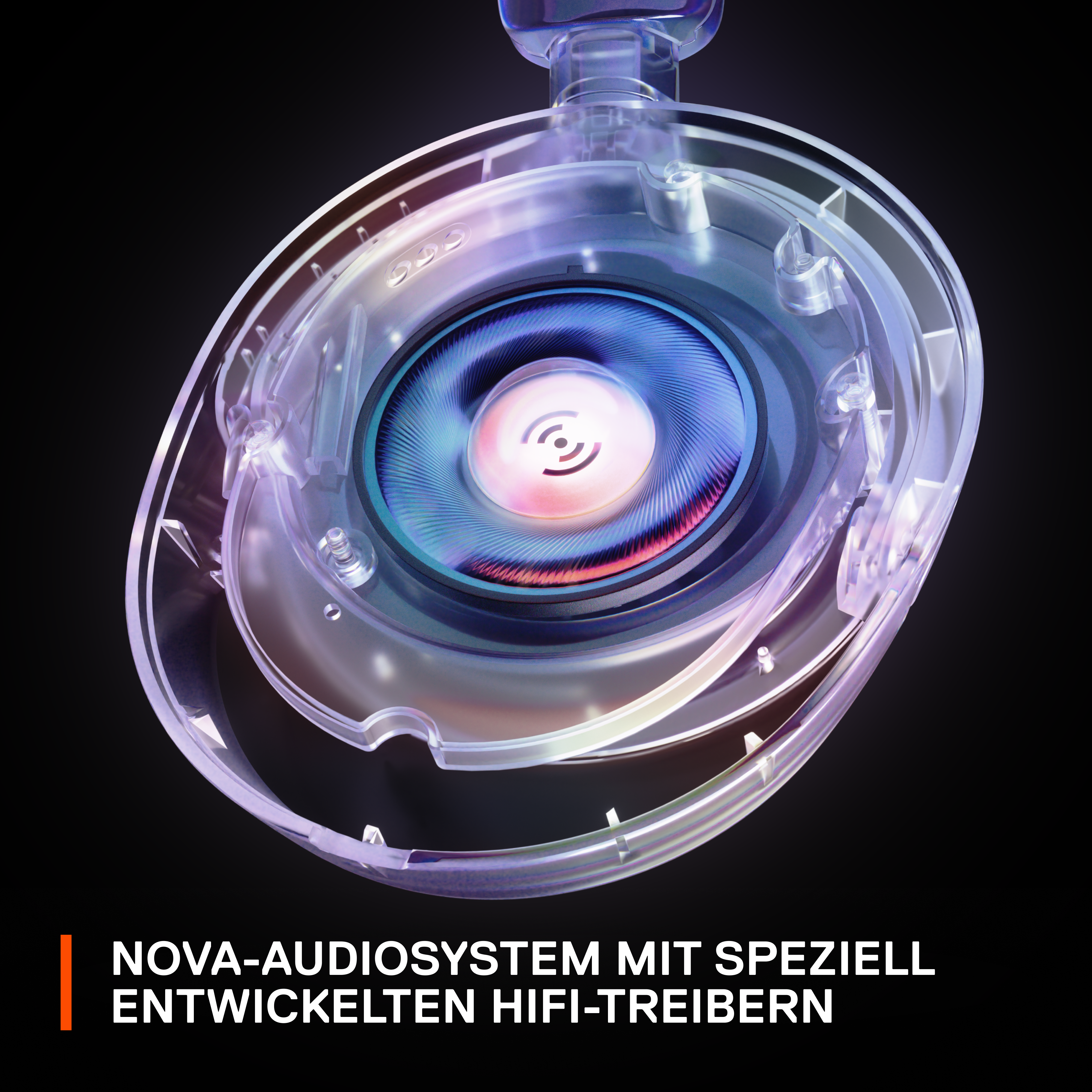Transparenter Kopfhörer mit internen Komponenten und deutschem Text.