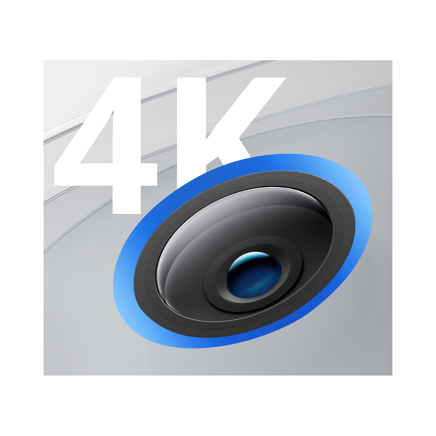 Gros plan sur un objectif d'appareil photo. Le mot 4K en blanc. Cercle bleu autour de l'objectif.