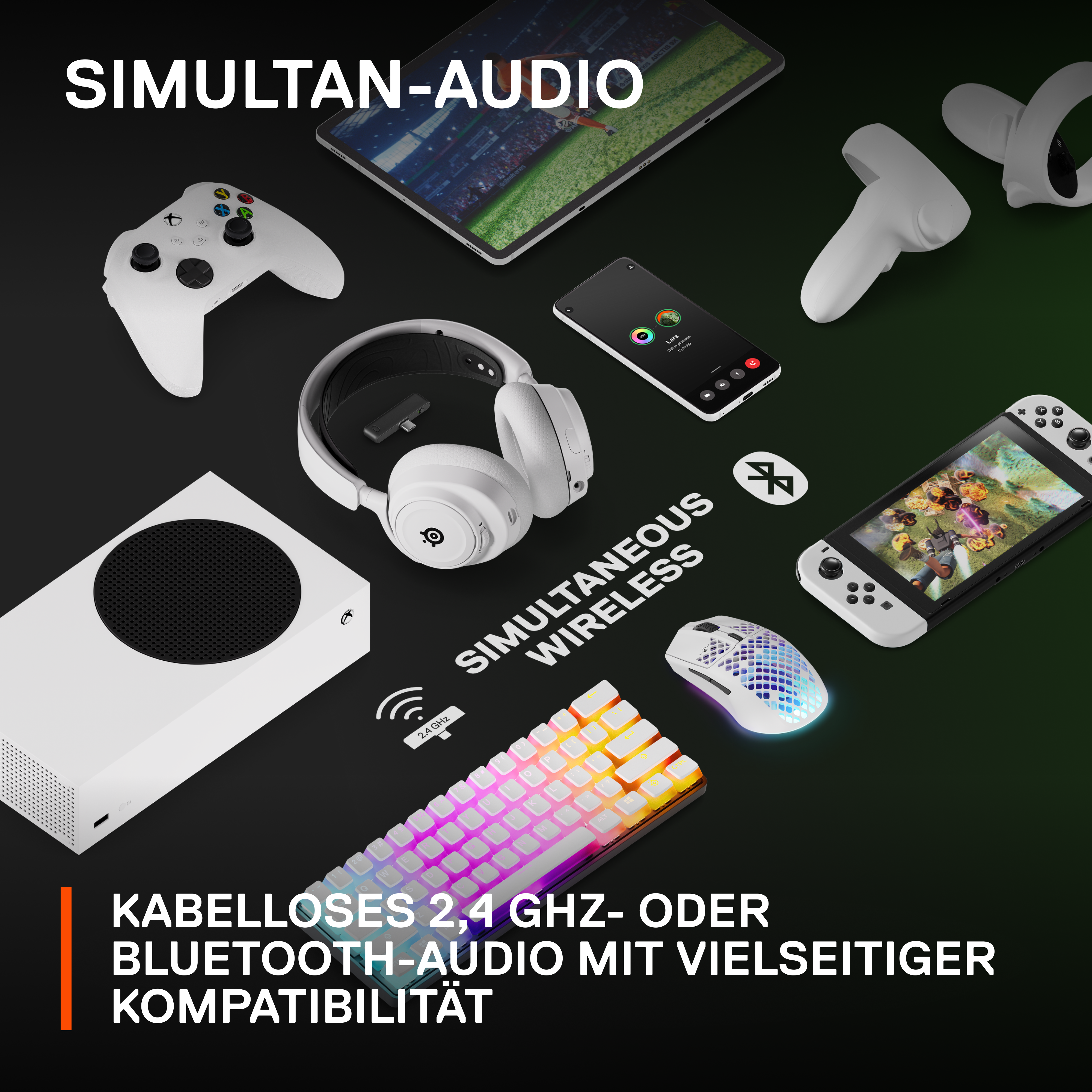 Verschiedenes weißes Gaming-Zubehör, darunter Tastatur, Controller und Headset auf schwarzer Oberfläche.