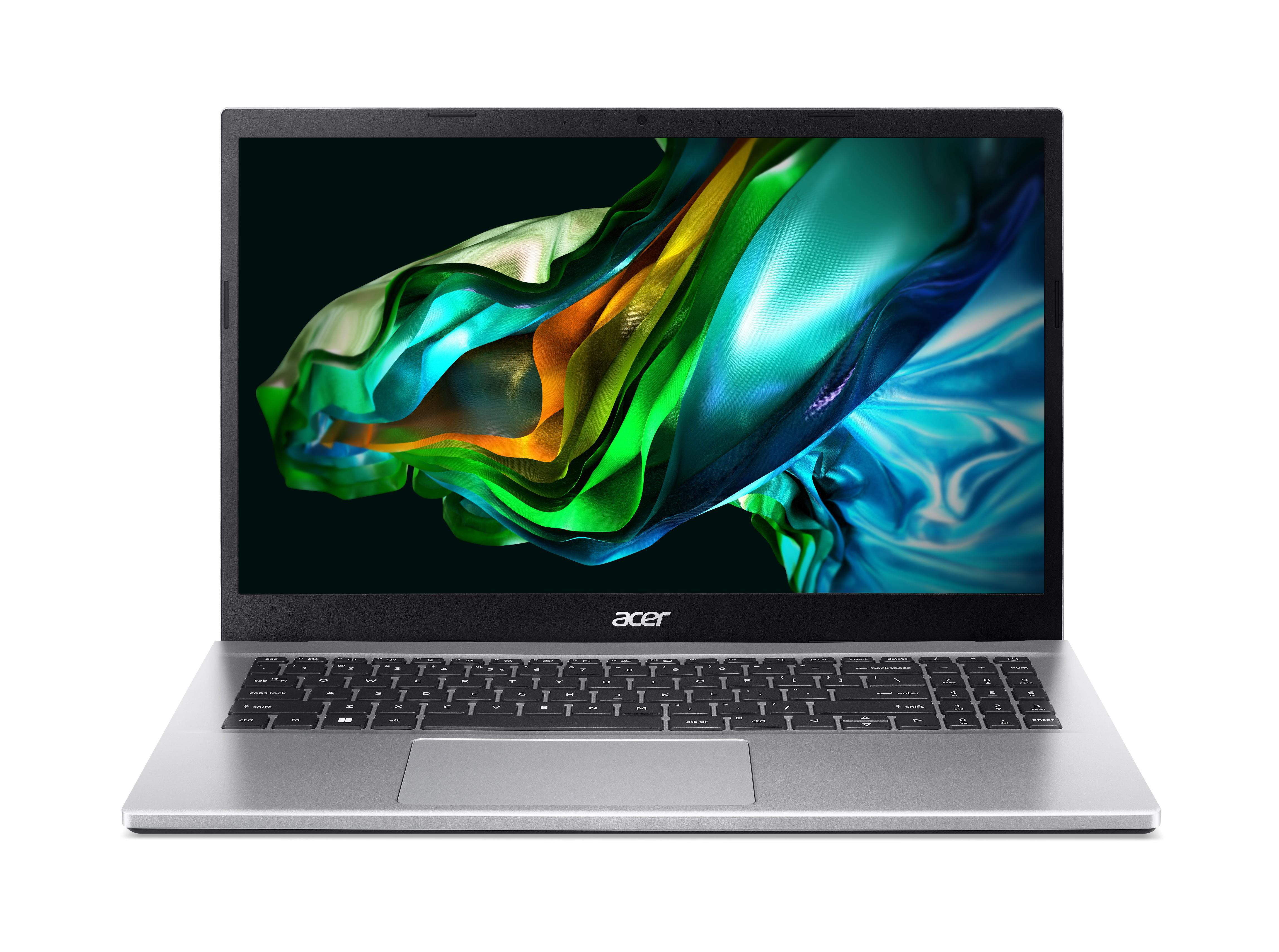 Silberner Laptop geöffnet, der ein farbenfrohes abstraktes Bild zeigt, auf weißem Hintergrund.