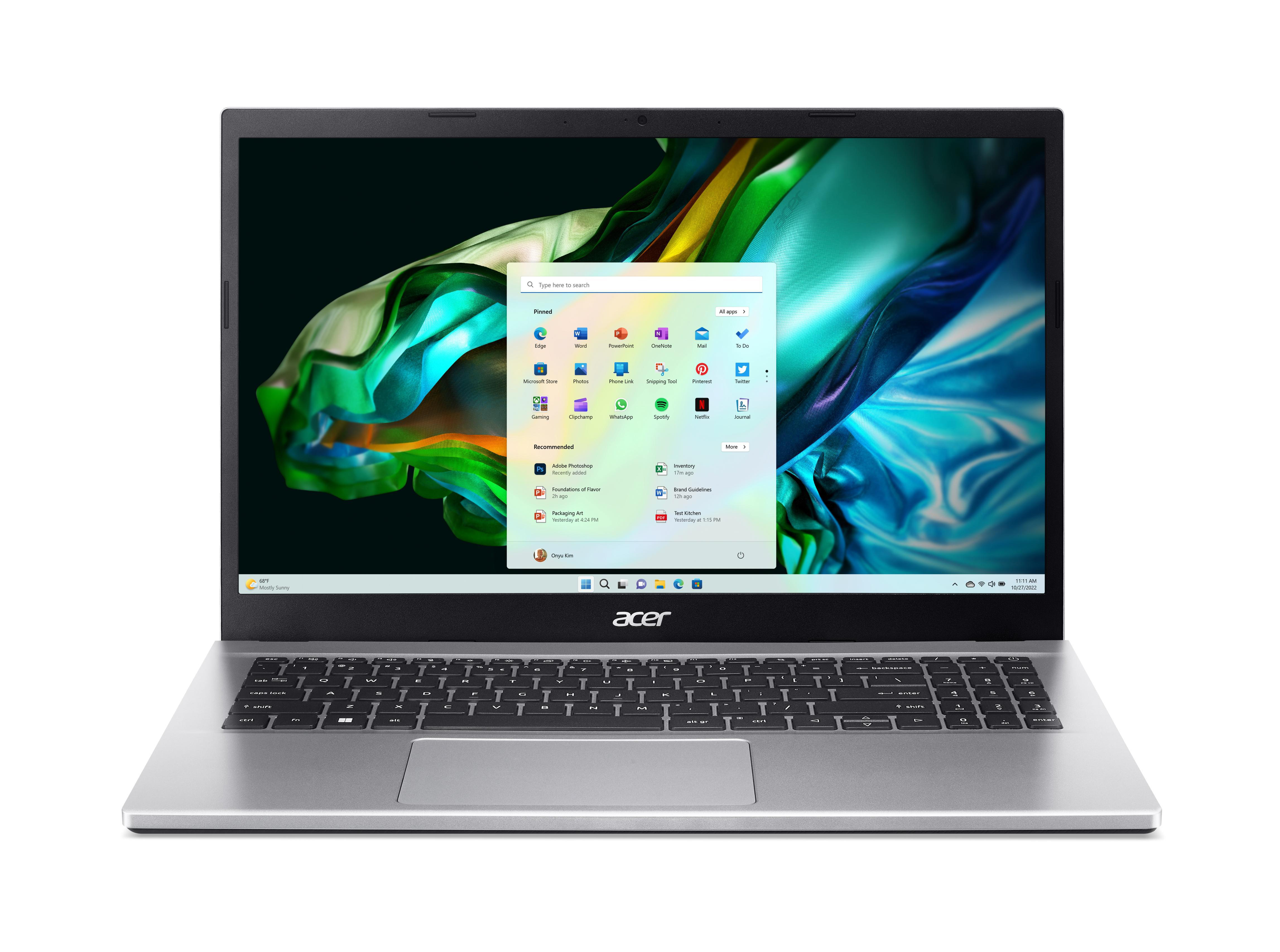Silberner Laptop auf weißem Hintergrund. Der Bildschirm zeigt ein offenes Fenster mit App-Symbolen.