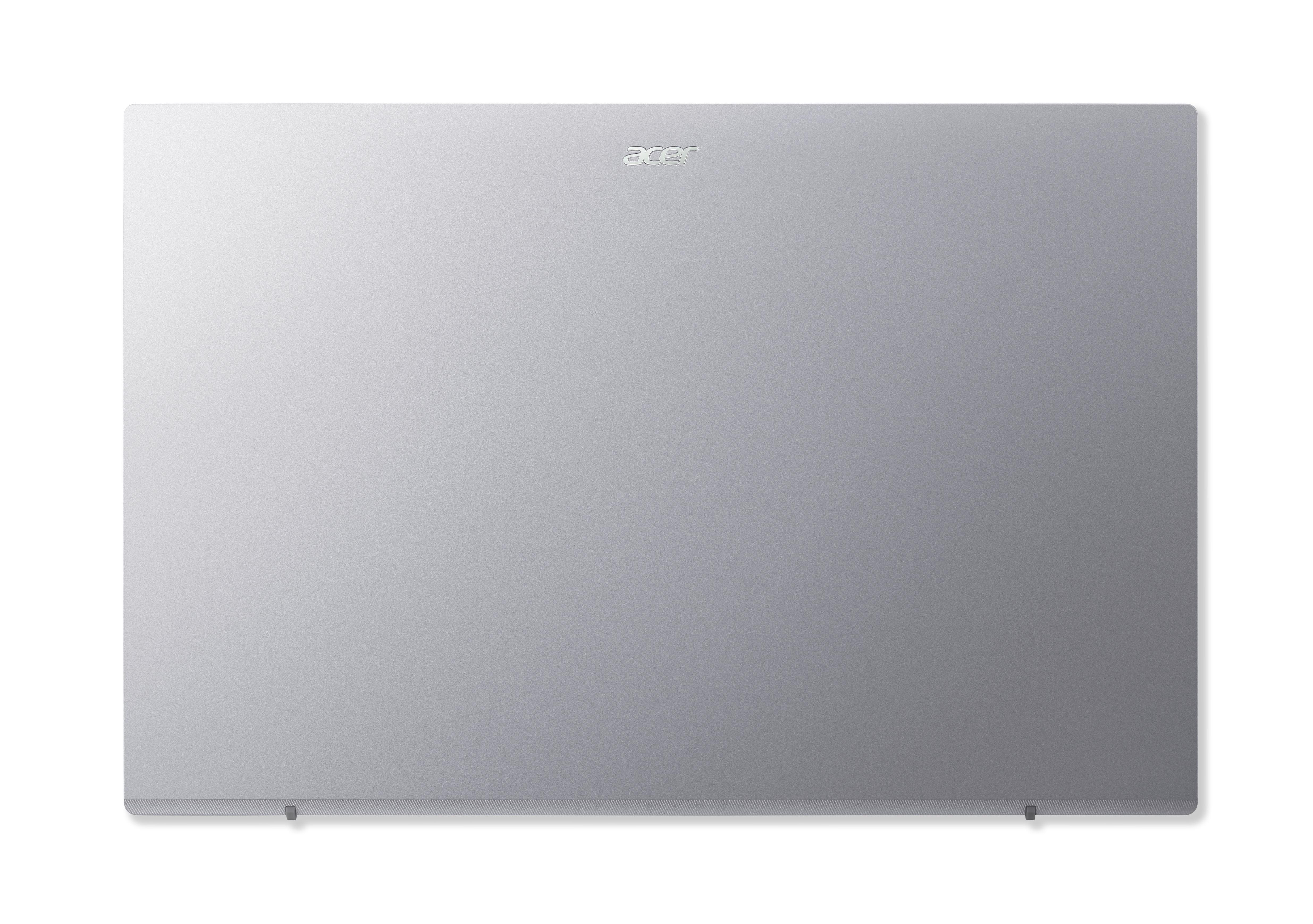Ein silberner Laptop, geschlossen, mit dem Acer-Logo auf der oberen Abdeckung, isoliert auf weißem Hintergrund.