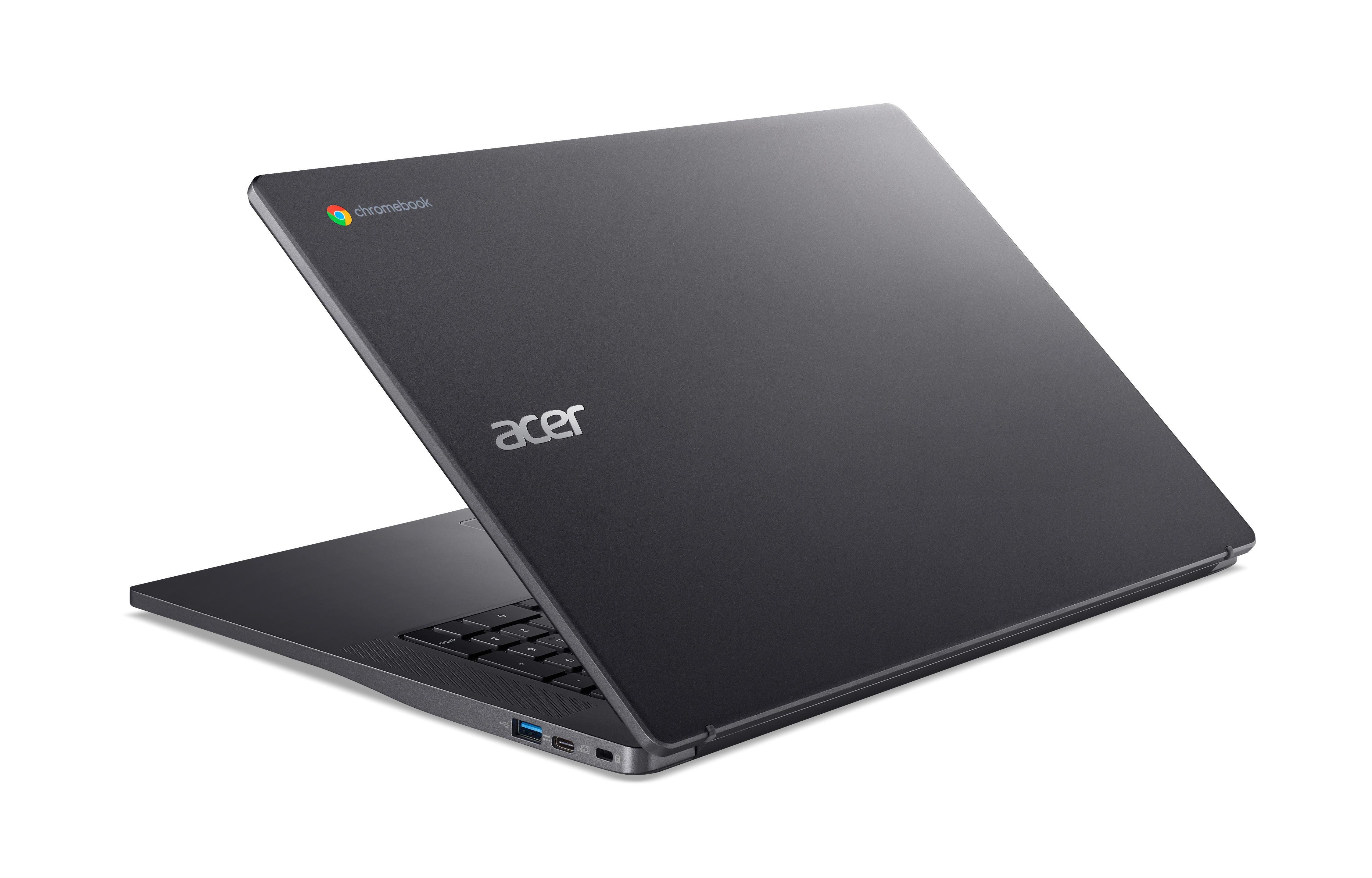 Ein dunkelgraues Acer Chromebook-Laptop, geöffnet, um die Tastatur freizulegen, vor weißem Hintergrund.