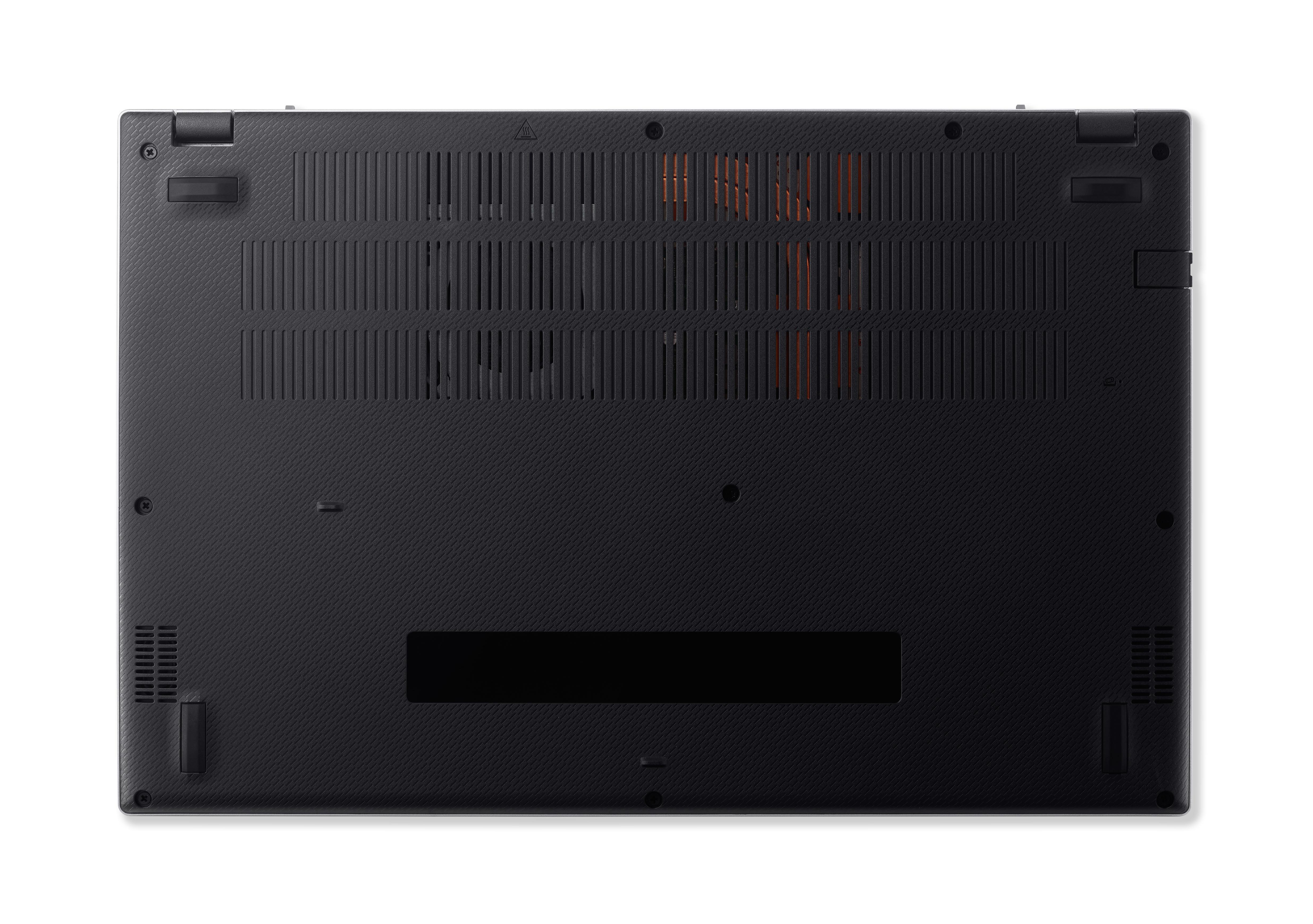 Unteransicht eines schwarzen Laptops mit Lüftungsschlitzen und Schrauben. Weißer Hintergrund.