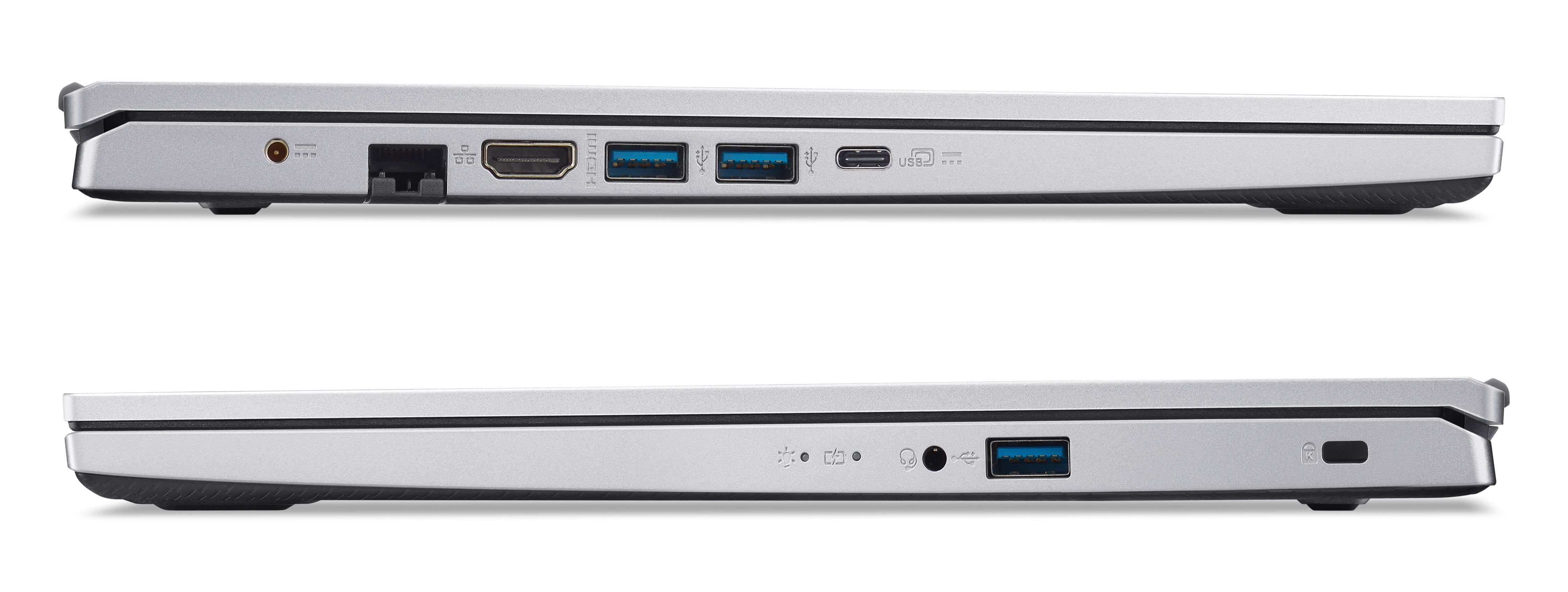 Silberner Laptop von der Seite, Anschlüsse sichtbar: HDMI, USB, Strom, Ethernet. Oben und unten.