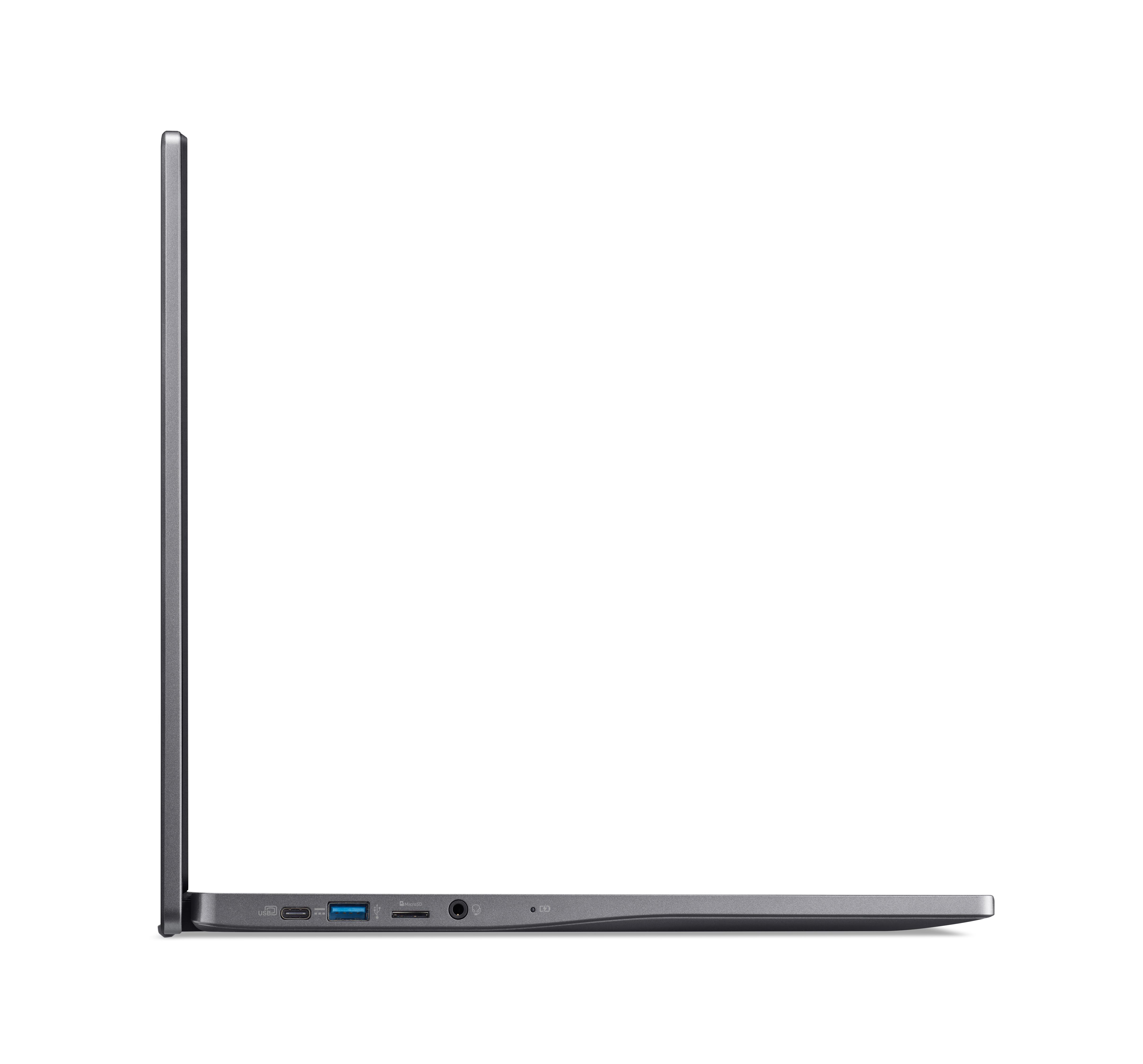 Das Seitenprofil eines dünnen, dunklen Laptops vor weißem Hintergrund.