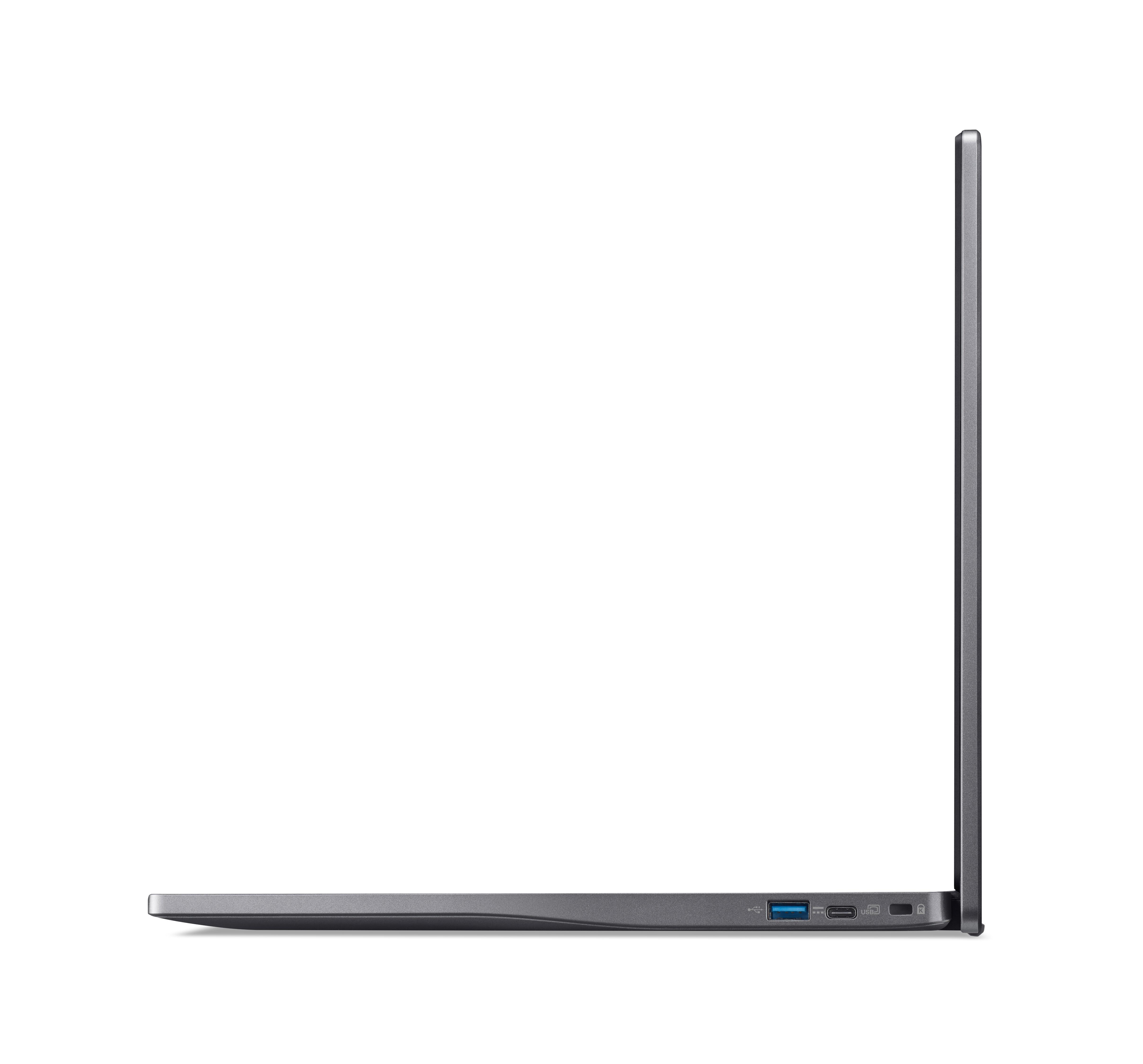 Seitenansicht eines geschlossenen, dünnen, dunkelgrauen Laptops vor weißem Hintergrund mit USB- und anderen Anschlüssen.