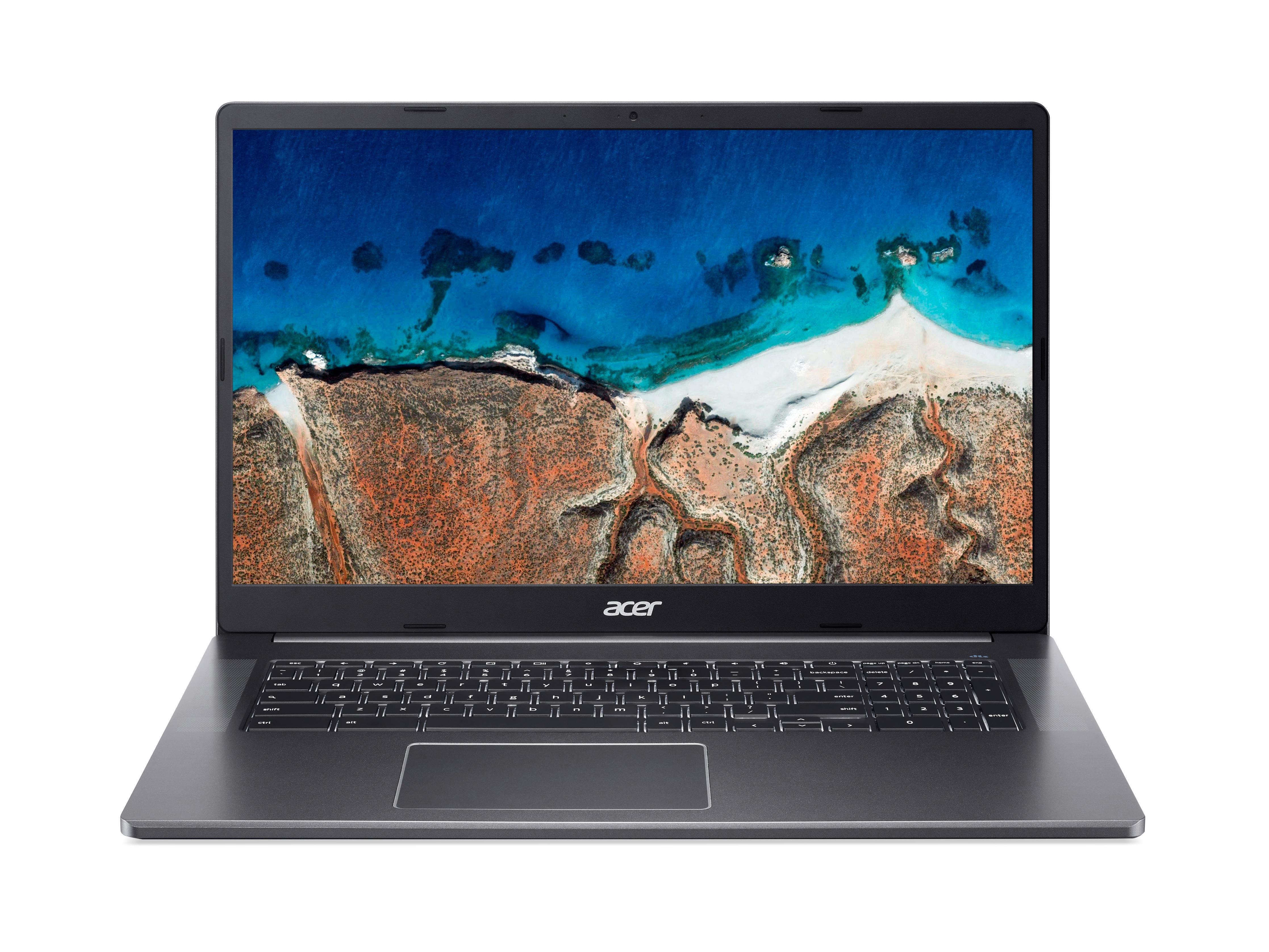 Acer Laptop, graues Gehäuse, Bildschirm zeigt Strand- und Meerblick.