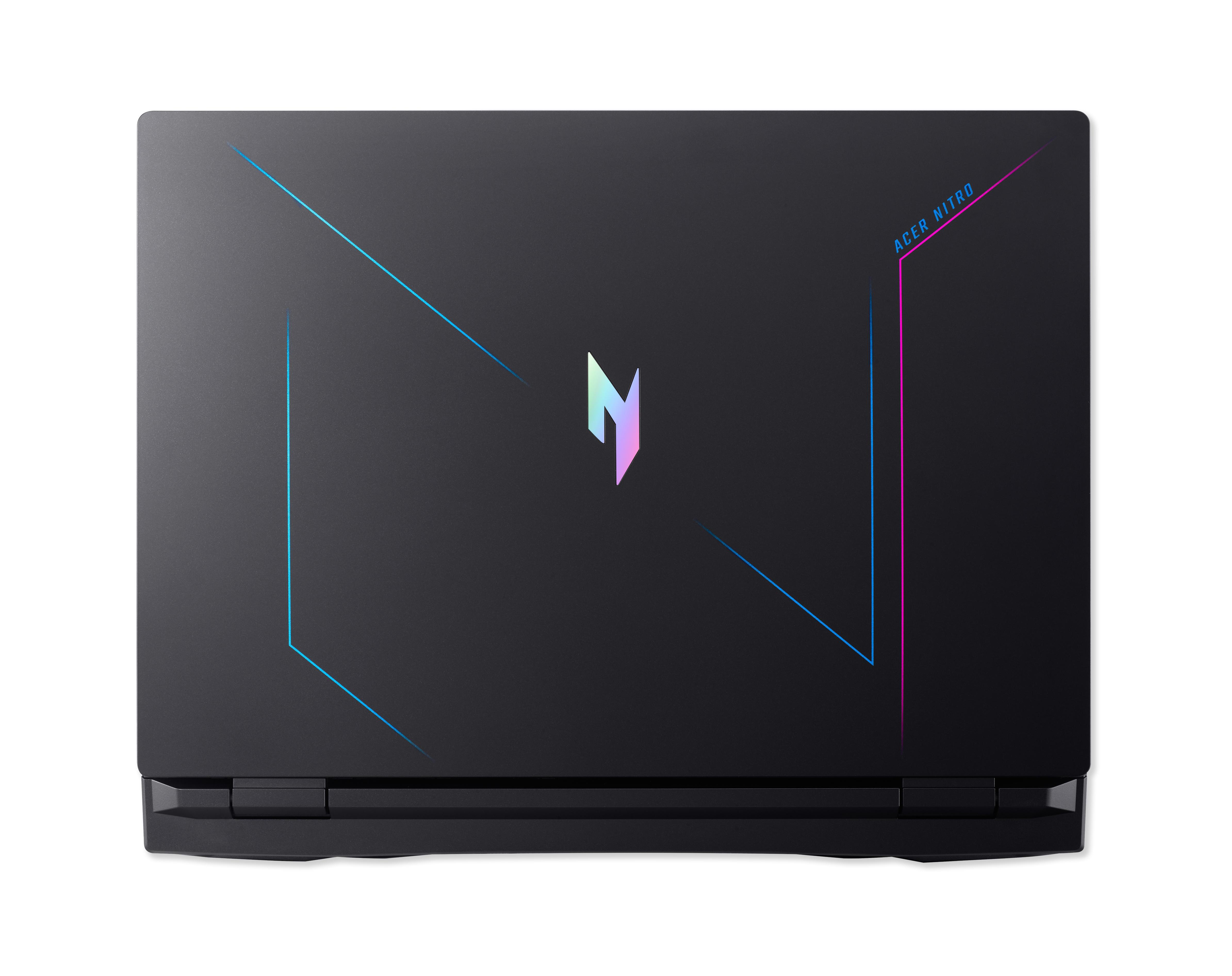 Schwarzer Laptop mit blauen und pinken Linien auf der Rückseite. Weißer Hintergrund.