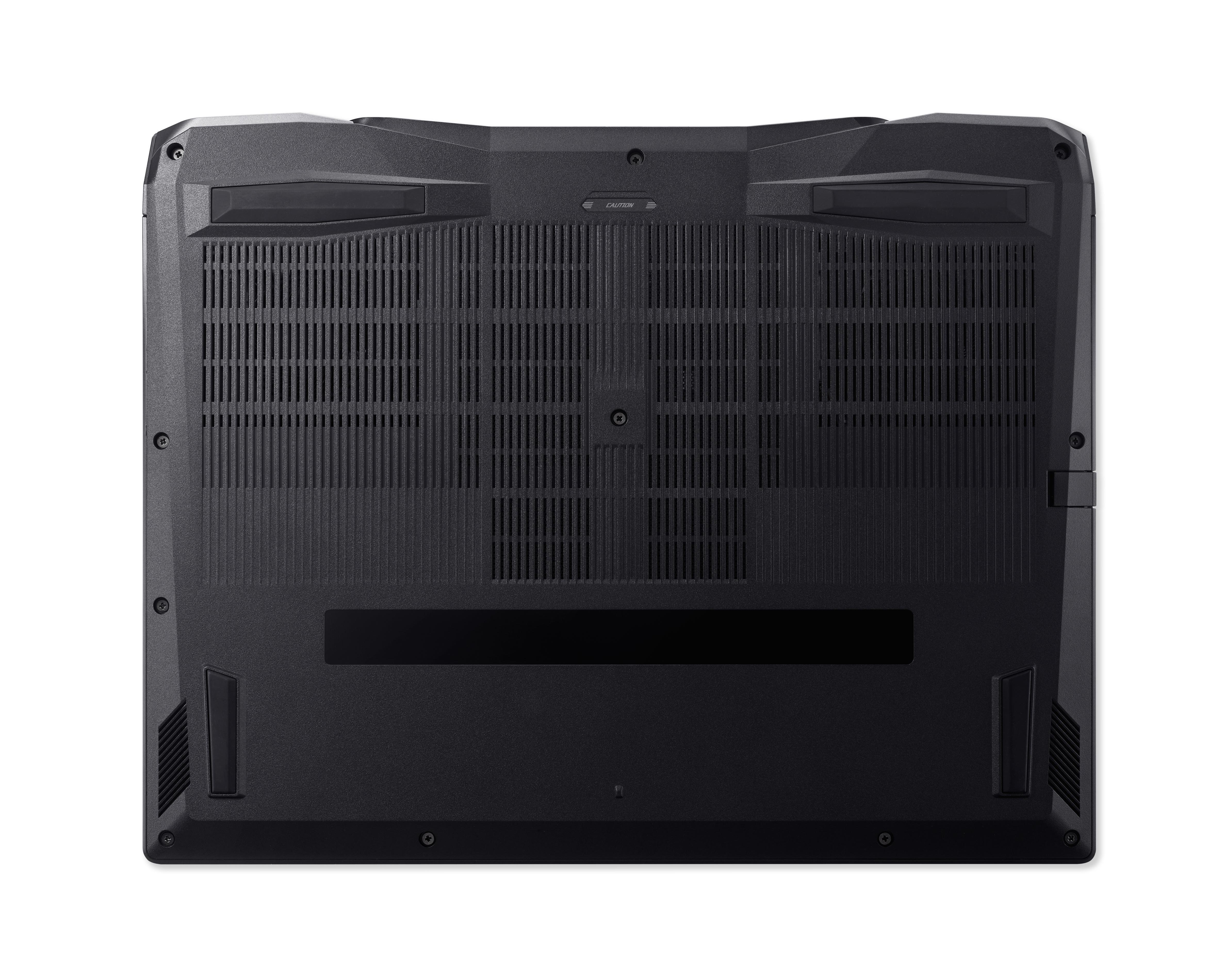 Unteransicht eines schwarzen Laptops mit Lüftungsschlitzen.