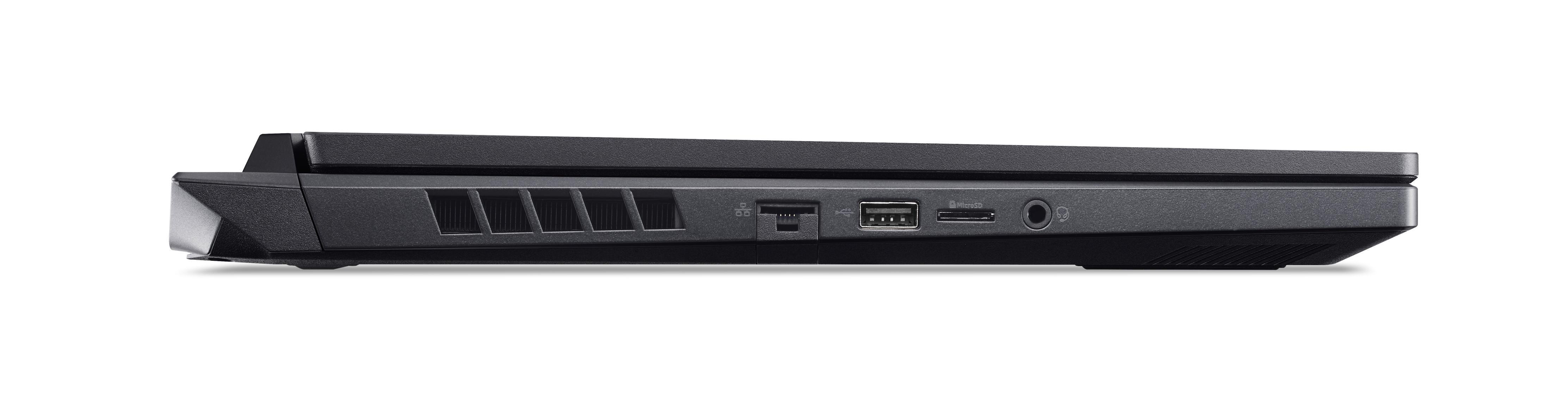 Seitenprofil eines schwarzen Laptops mit Anschlüssen und Lüftern auf weißem Grund.