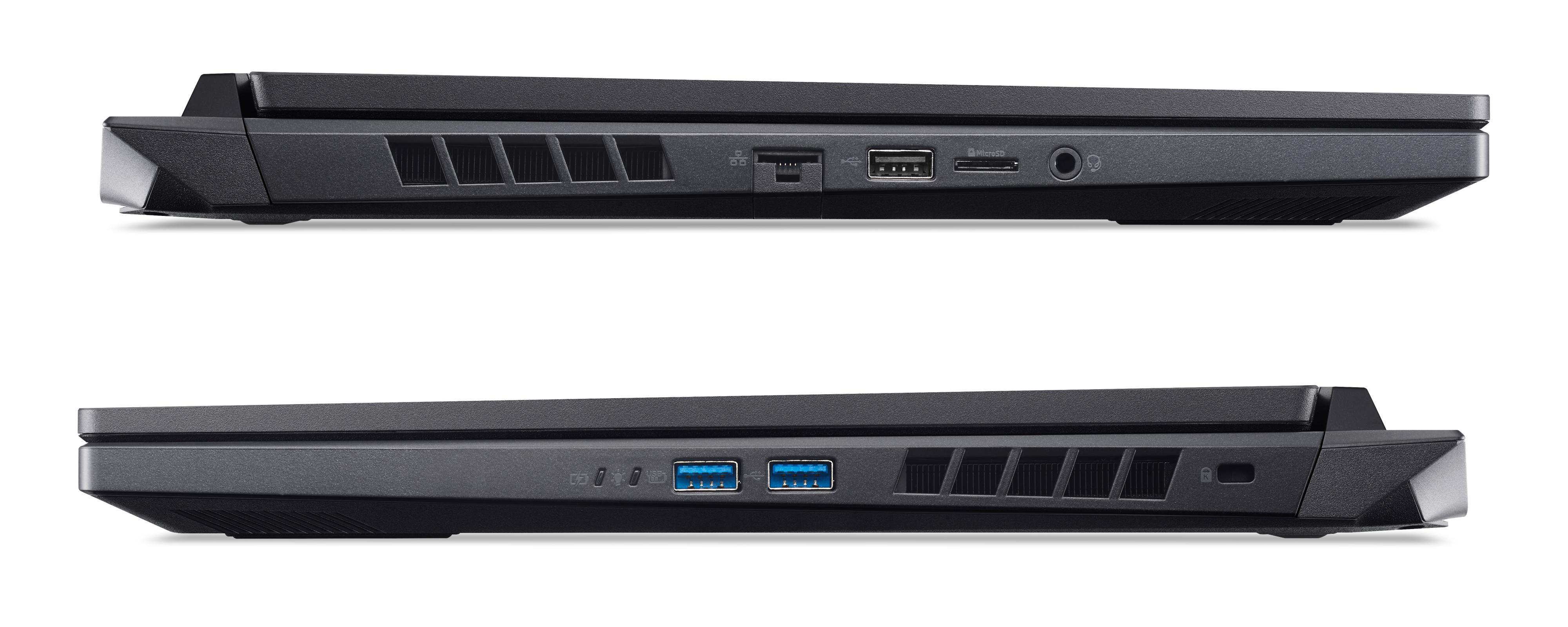 Zwei schwarze Laptops nebeneinander, die Anschlüsse und Lüfter zeigen.