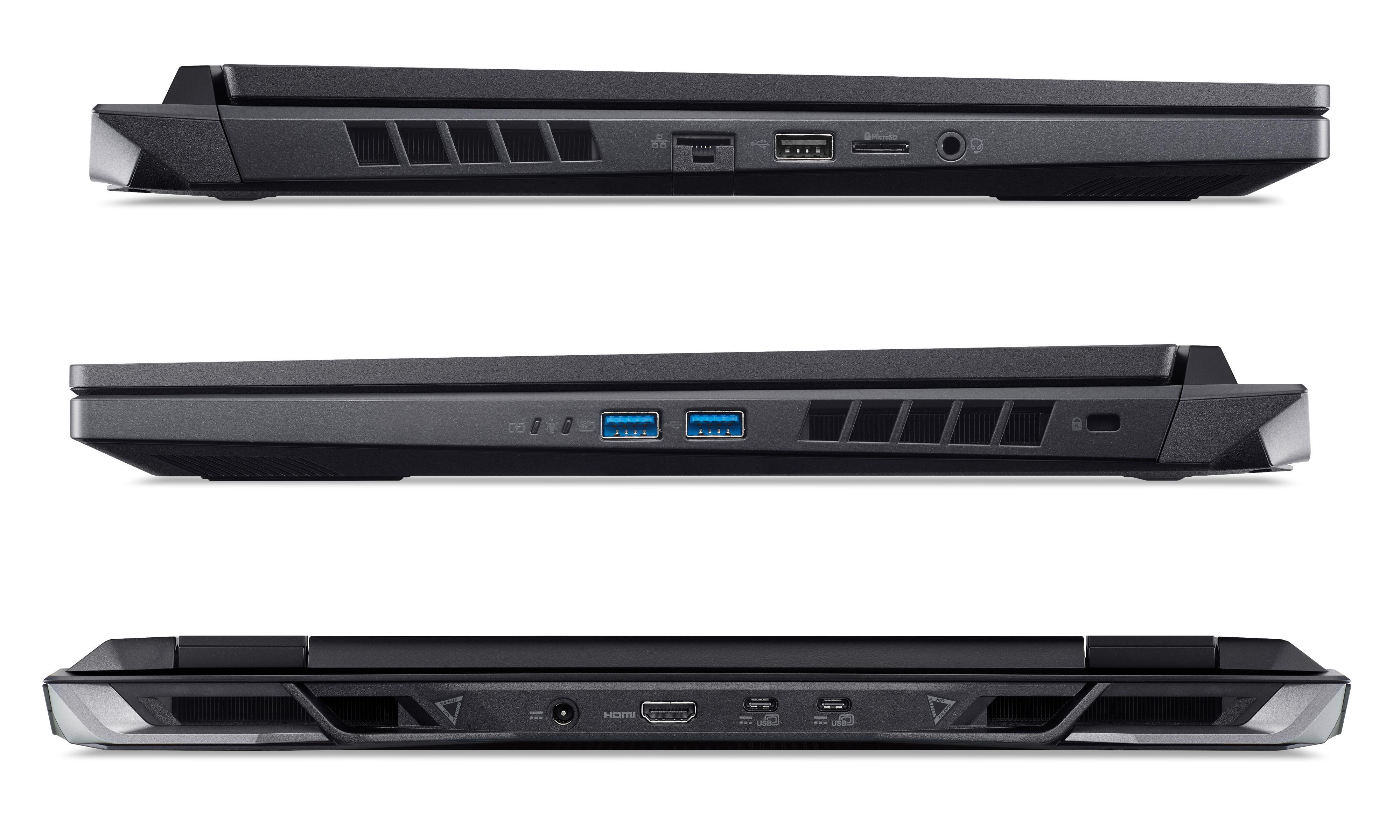 Drei Seitenansichten eines schwarzen Laptops, die Anschlüsse und Lüftungsschlitze zeigen.