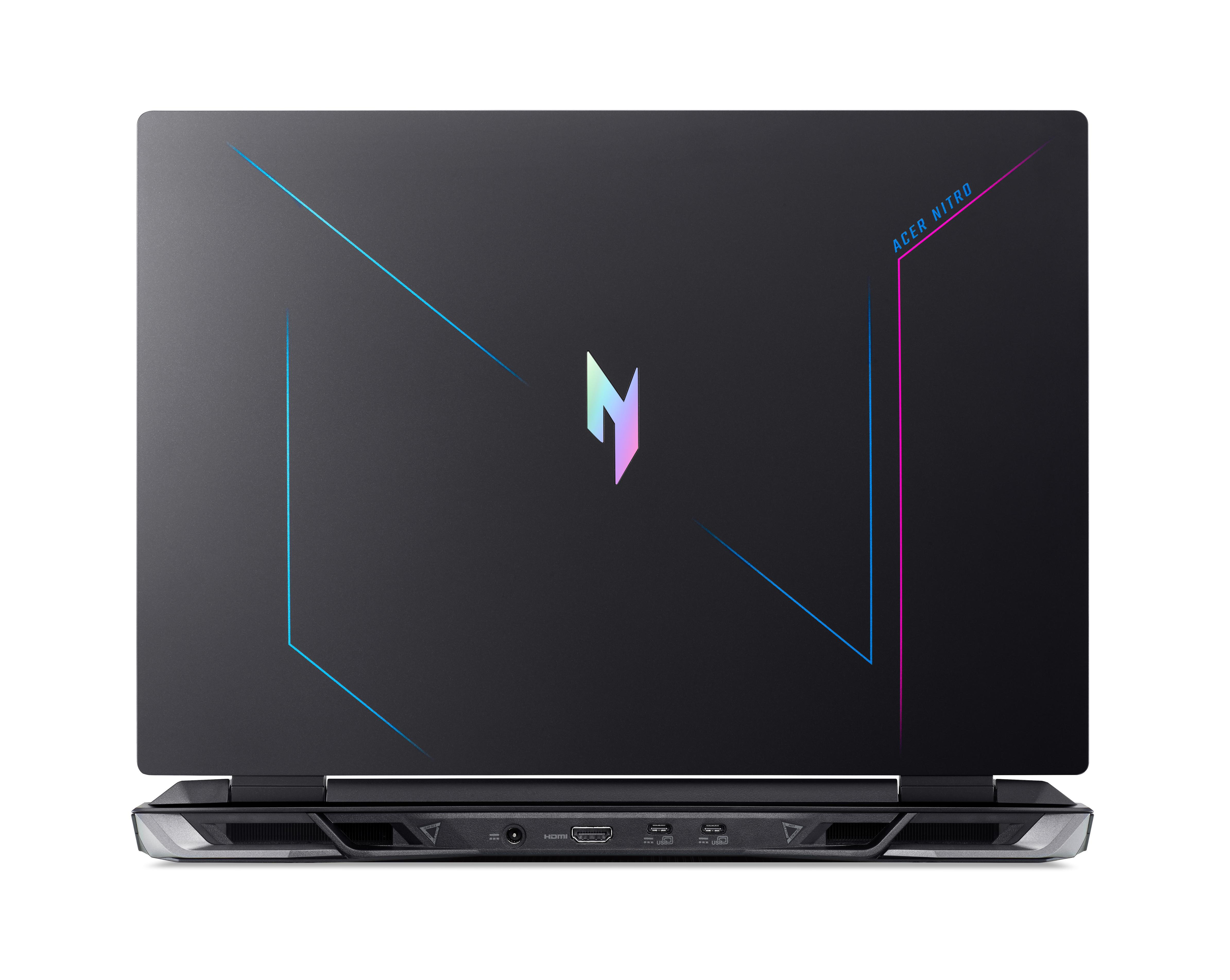 Schwarzer Laptop mit farbigen Akzenten. Acer Nitro Logo in der Mitte.