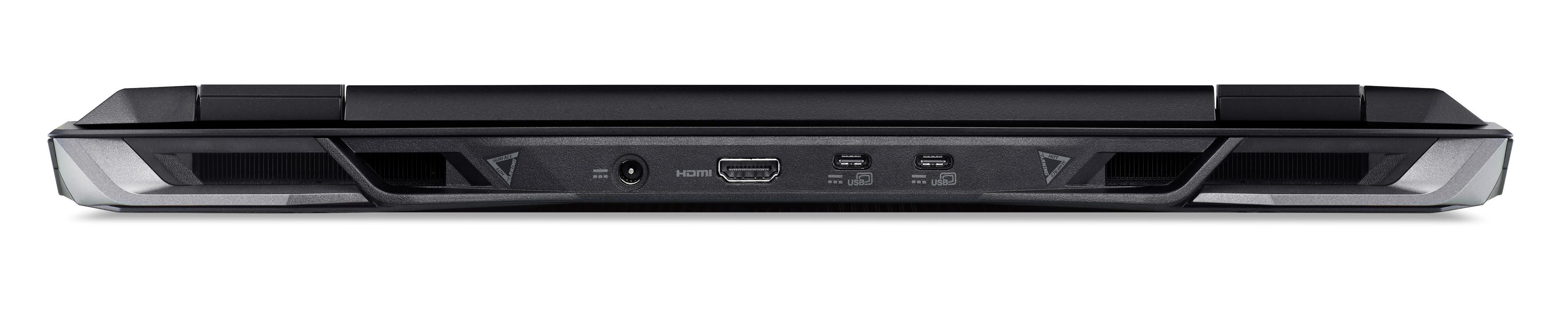 Die Unterseite eines Laptops mit sichtbaren Anschlüssen auf weißem Hintergrund.