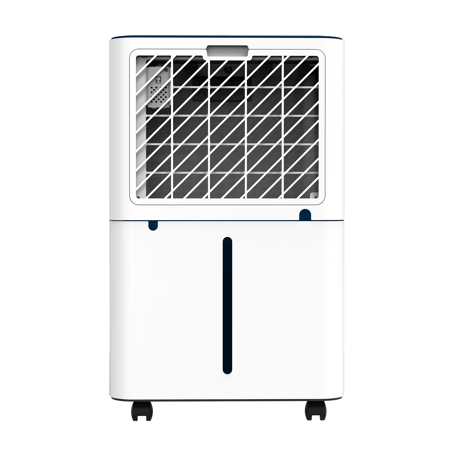 Deumidificatore bianco e blu su sfondo bianco.