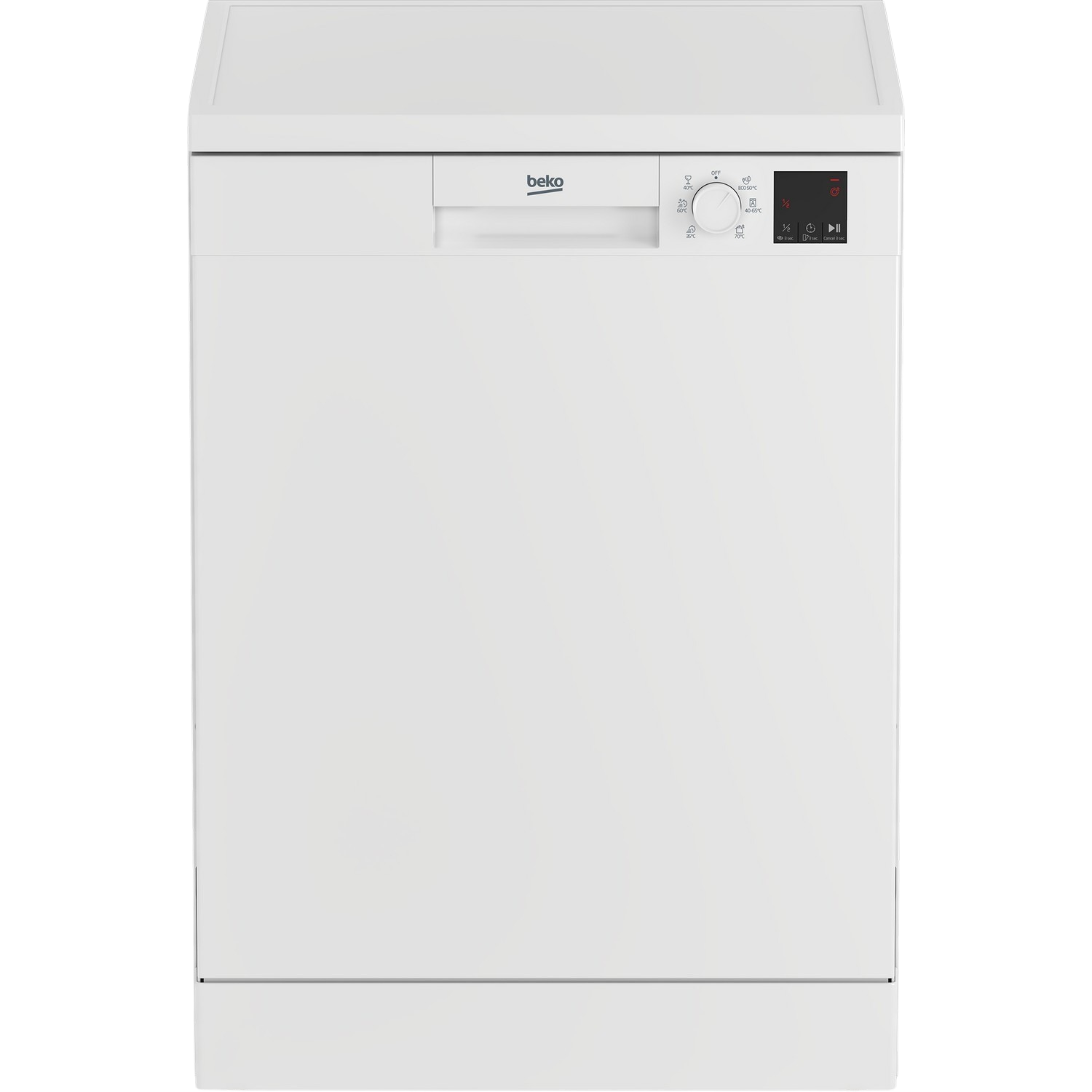 A white Beko dishwasher with a control panel on the right side and the Beko logo on the top.