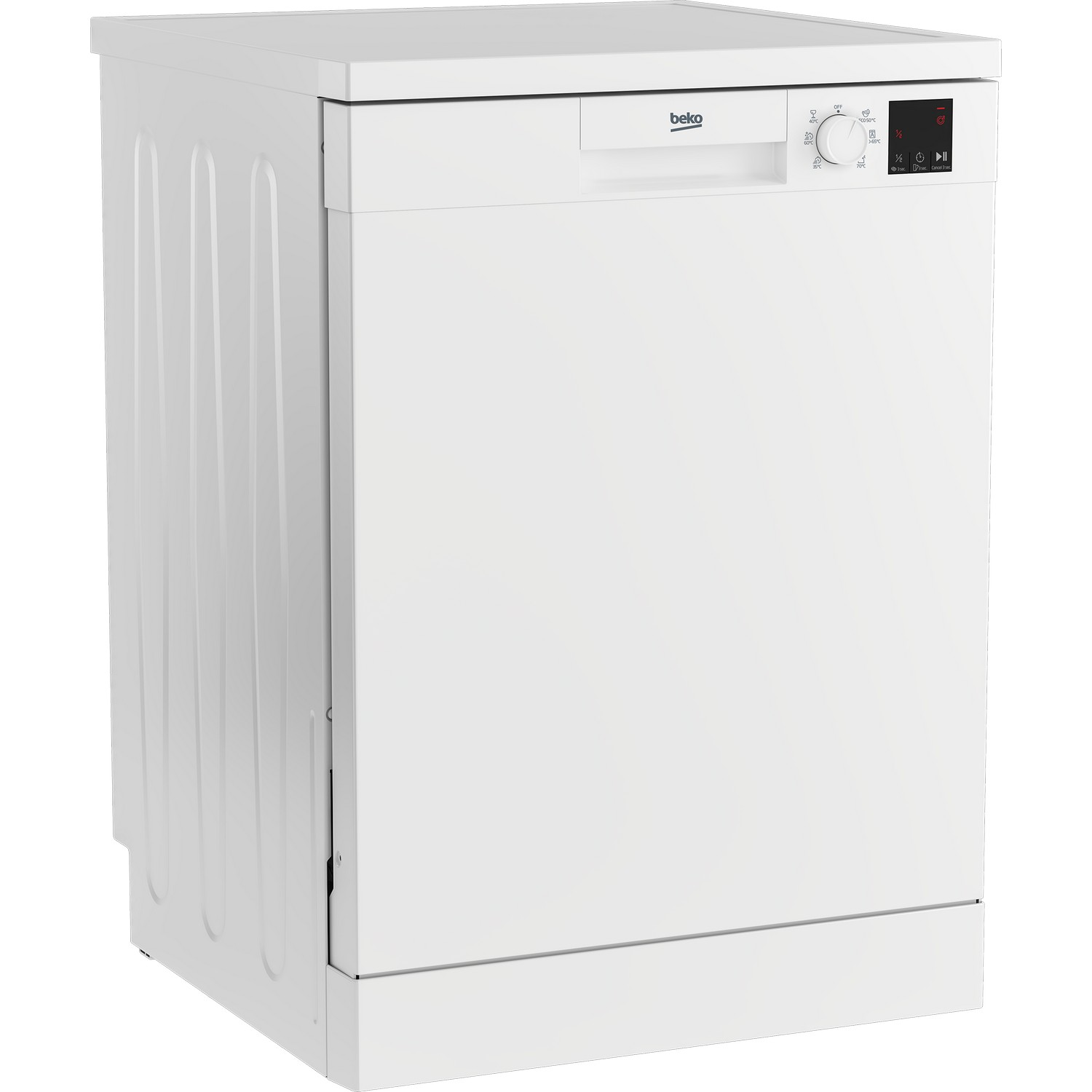 A white dishwasher with a control panel and a beko logo.