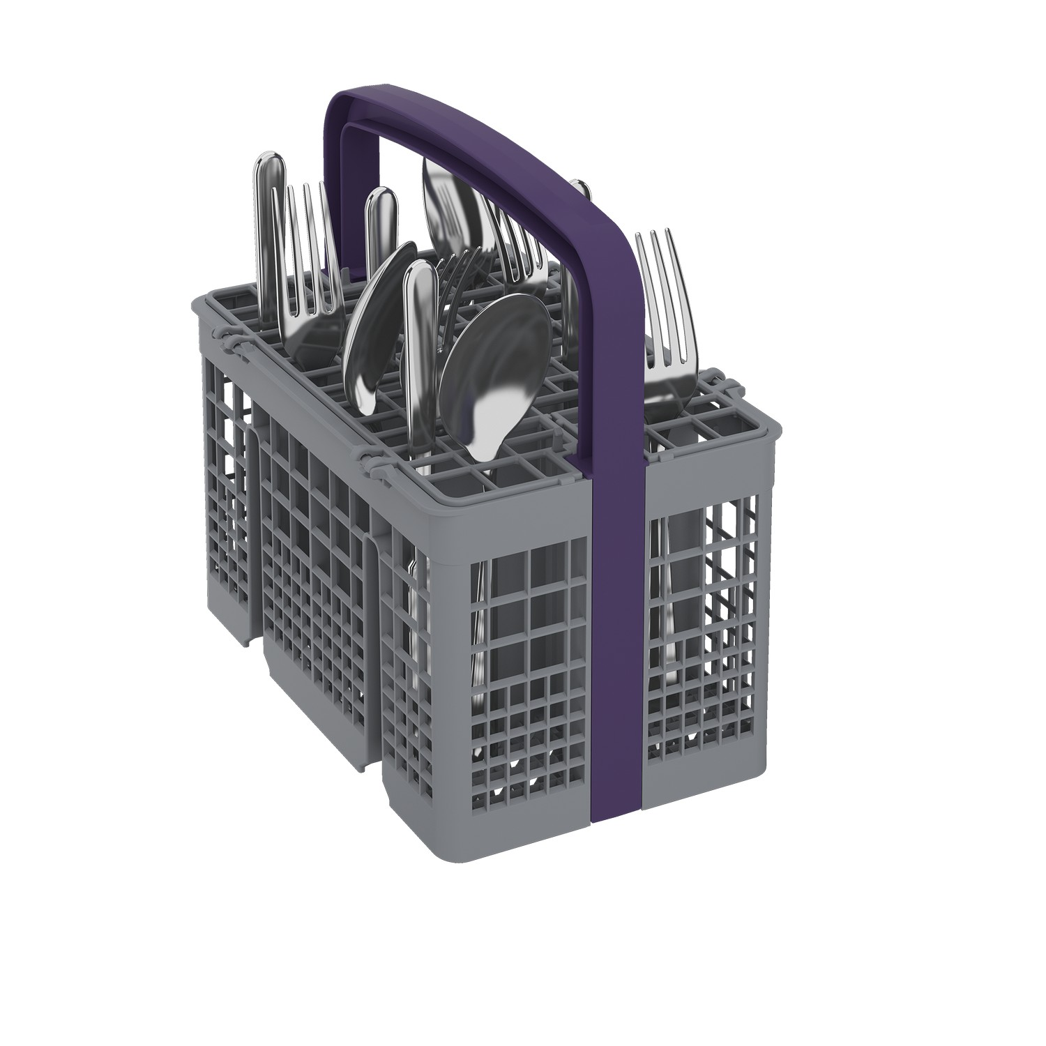 A dishwasher basket with silverware: forks, spoons and knives. A purple handle is on top.