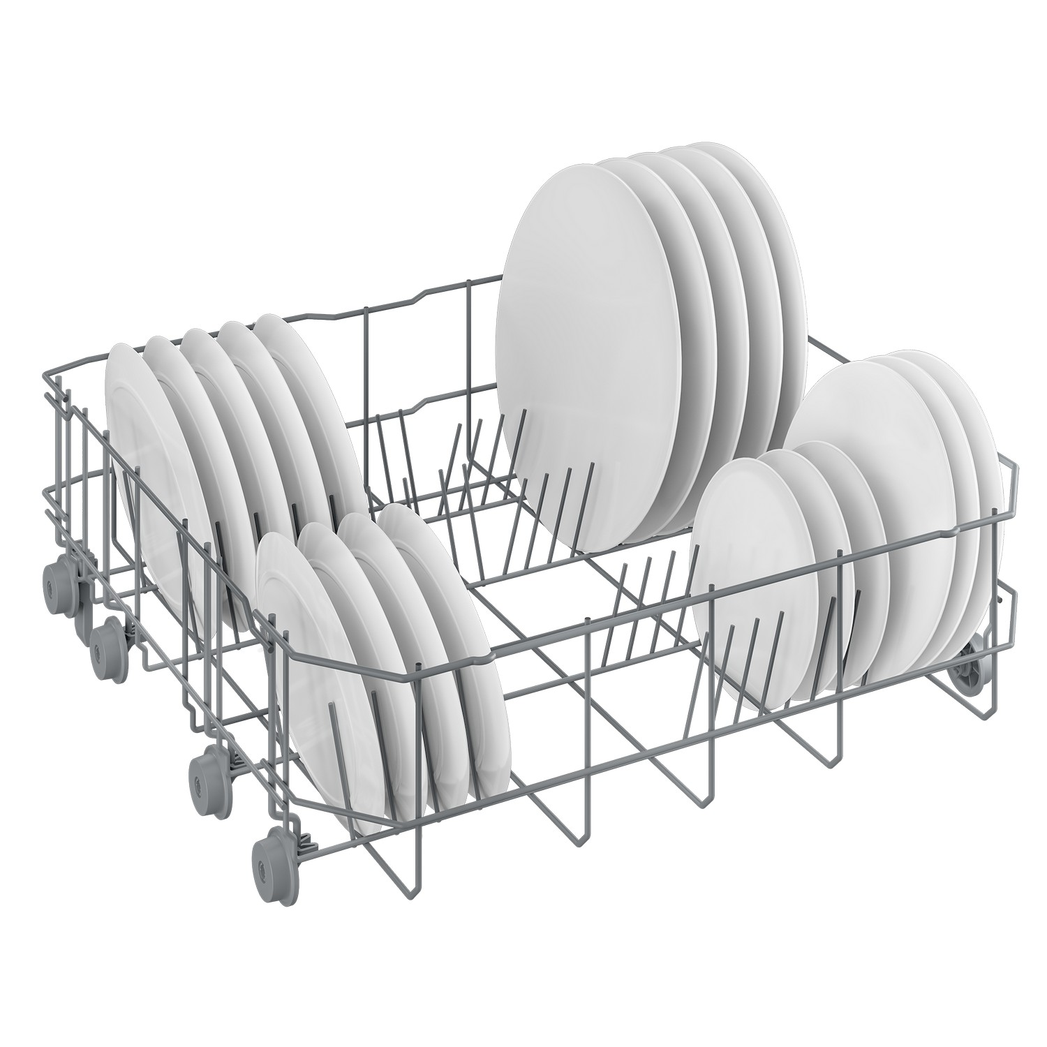 Dishwasher rack with clean white plates inside.
