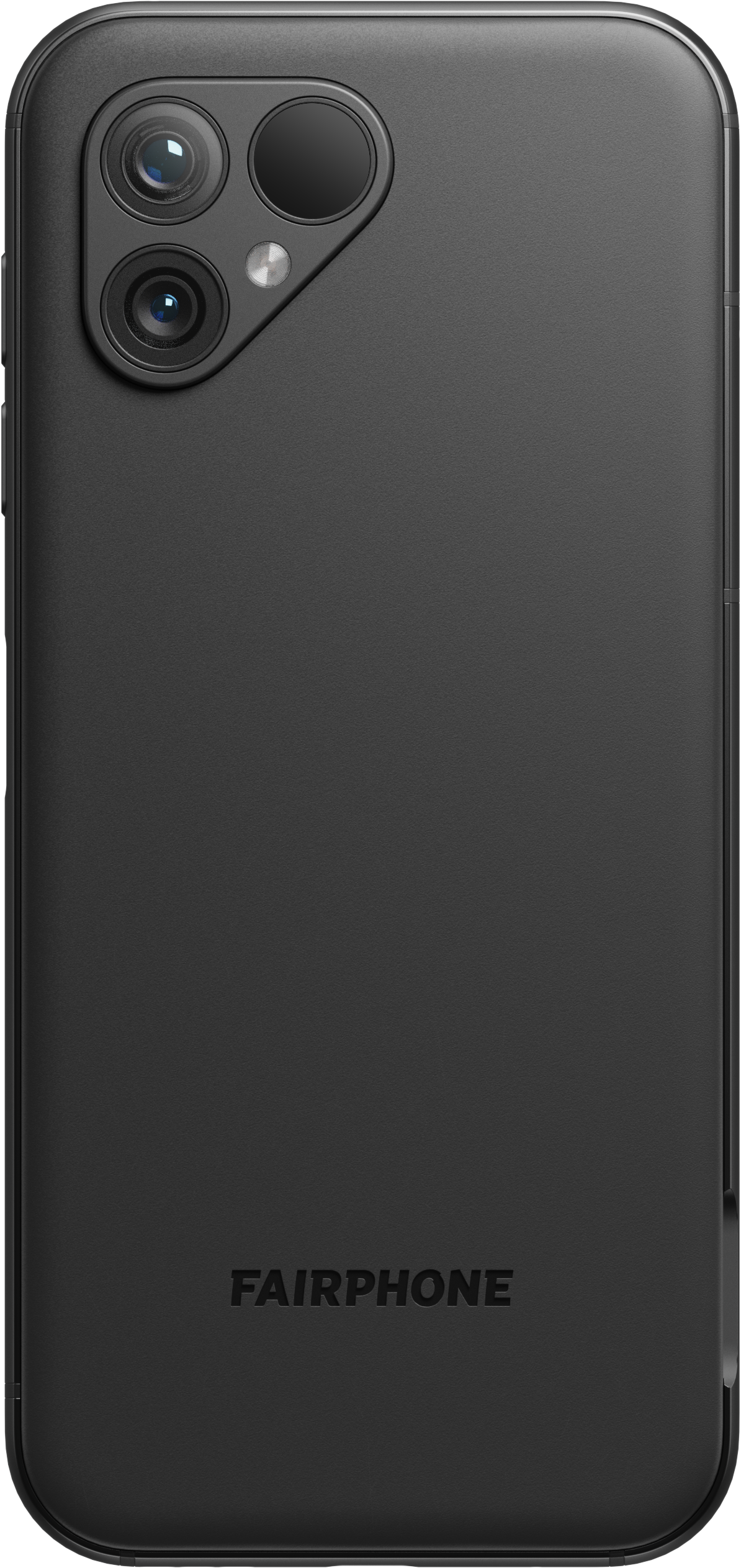 Schwarzes Fairphone von hinten mit drei Kameralinsen.